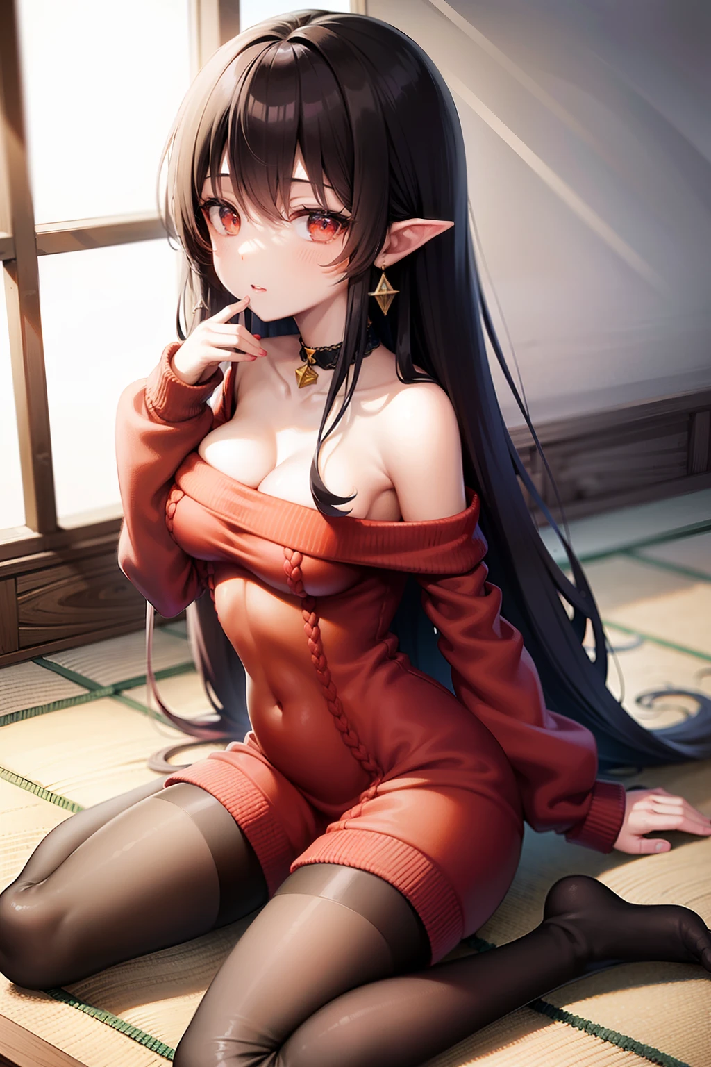 top-quality、​masterpiece、Yolfaujer、Japan Anime　A dark-haired、Longhaire、White headband　Hanging eyes、sharp eye、big eye、small mouth、Beautiful skin、Adult face　Red knitwear、off-shoulder knit、Red knitted dress、Gold Earrings、Triangular earrings、Black tights、　30-years old、large full breasts、skinny  body　Adult Pose　Background with、window