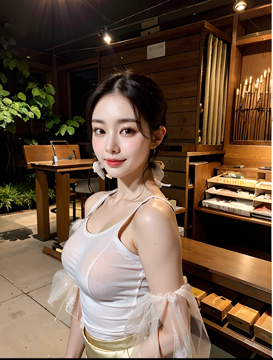 (((Medium hair))), best qualtiy, 8K, hdr, A high resolution, absurderes:1.2, blur backgroun, Background bokeh:1.2, photography of, (RAW photo:1.2), (真实感:1.4), (Masterpiece:1.3), (complexdetails:1.2), 1girll, 独奏, japanaese girl, delicated, Beautiful detailed, (Delicate double eyelids), (Detailed facial features), Bigboobs, (((Large breasts))), Skin Firm, (Looking_at_peeping at the viewer), From_Front, （being thin），（best qualtiy：1.4），（超A high resolution：1.2），cinematic lighitnglamplight，（Extremely detailed illustration），（Gloss on lips，best qualtiy，超A high resolution，depth of fields，Caustics，Extensive illumination，naturalshadow，85mm， f/1.4, iso 200, 1/160s:0.75),1girll, Solo, (((Silk vest))) Smile, ((silk garment,pleatedskirt,‎Classroom))