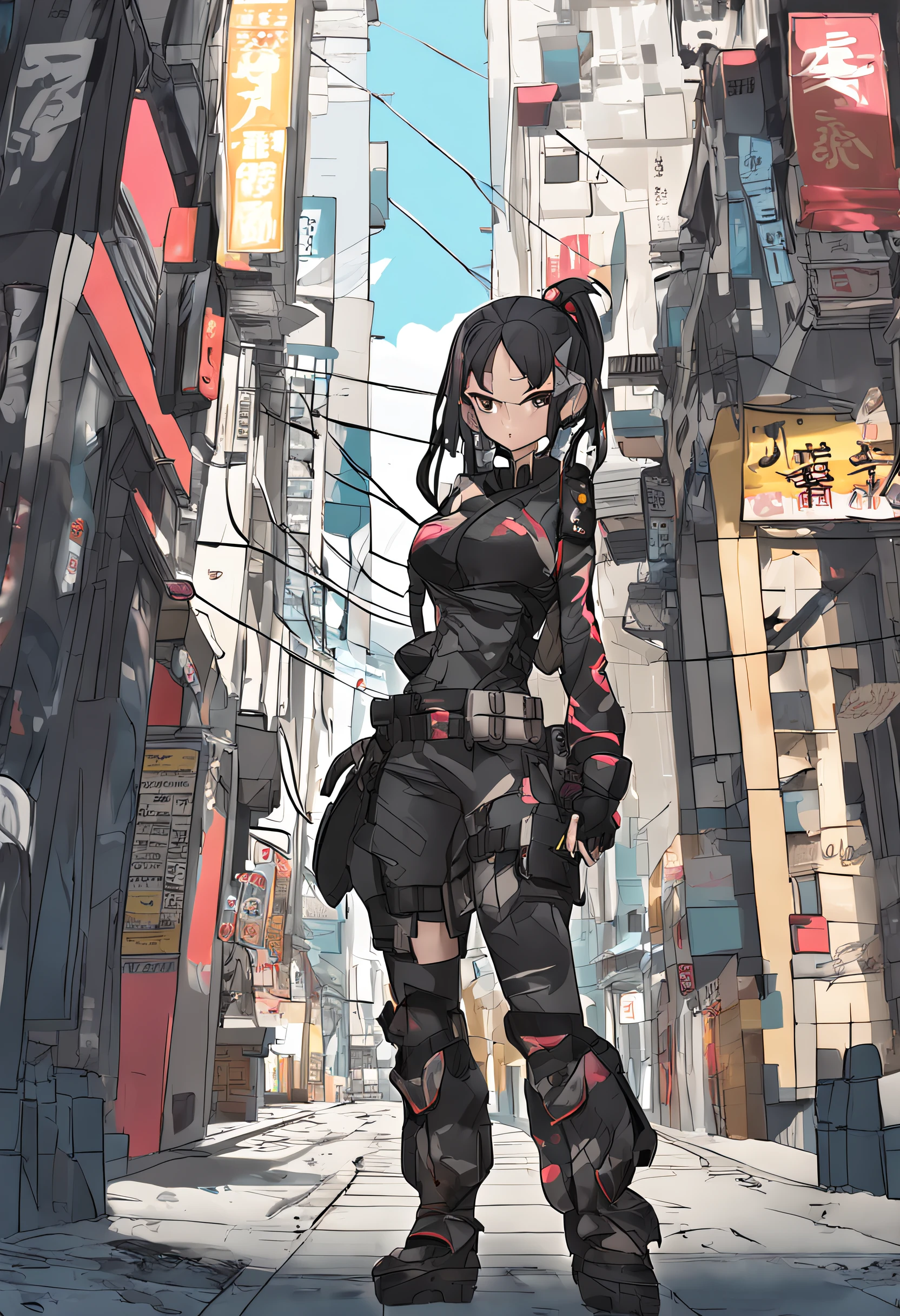 Full body like,Chinese big breasts,pony tails,black color hair,warriors,Camouflage clothes,perfect figure beautiful woman, huge tit,Highly detailed facial and skin texture,A detailed eye,二重まぶた ( City street:1.1)