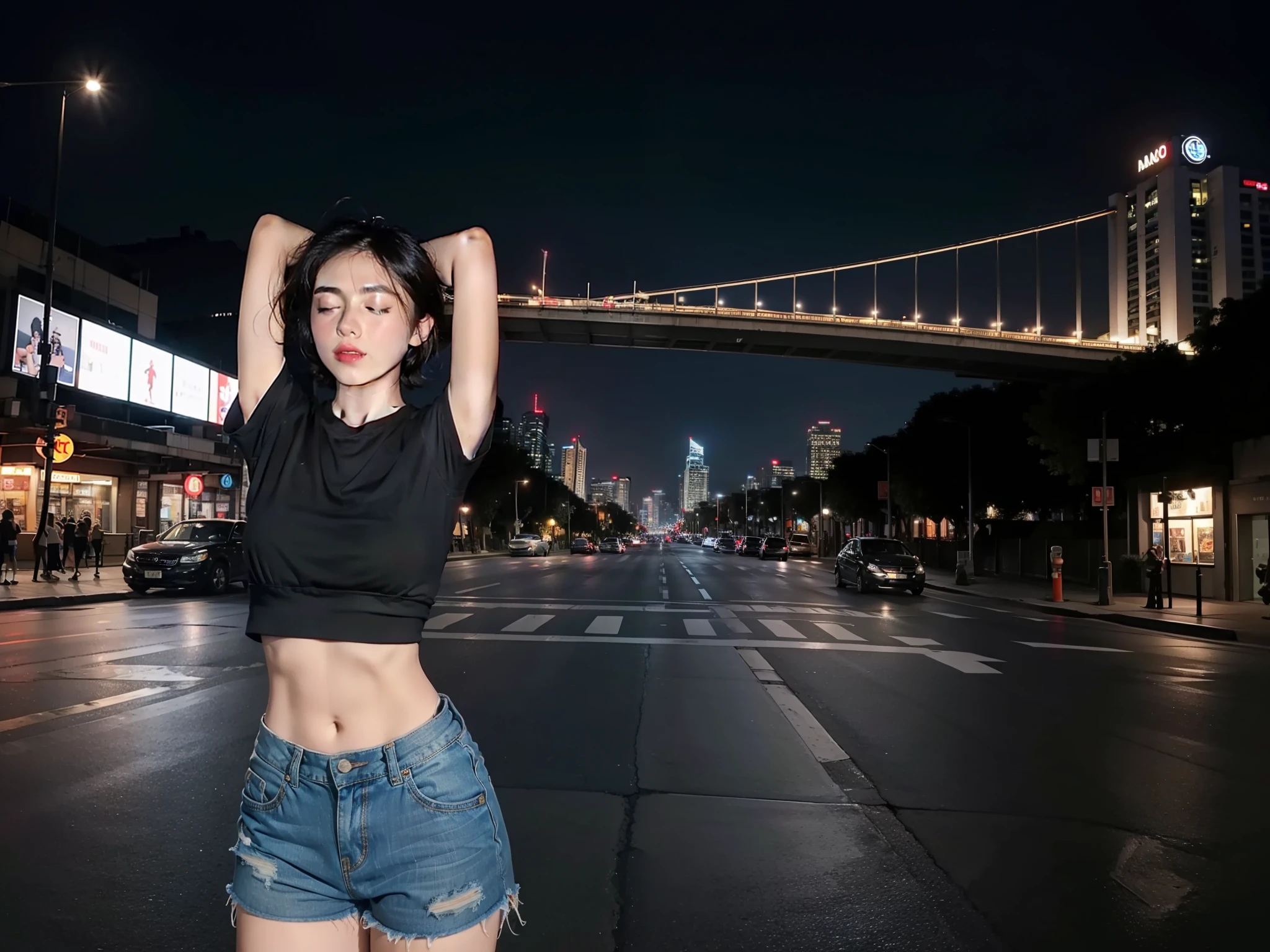1girl,3d,arms_behind_head,arms_up,bag,black_hair,black_shirt,brick_wall,bridge,building,car,city,city_lights,cityscape,closed_eyes,clothes_writing,crop_top,denim,hands_in_hair,hands_on_own_head,midriff,navel,night,outdoors,photo_background,real_world_location,realistic,road,shirt,short_hair,short_shorts,short_sleeves,shorts,skyscraper,solo,stadium,street,white_shorts