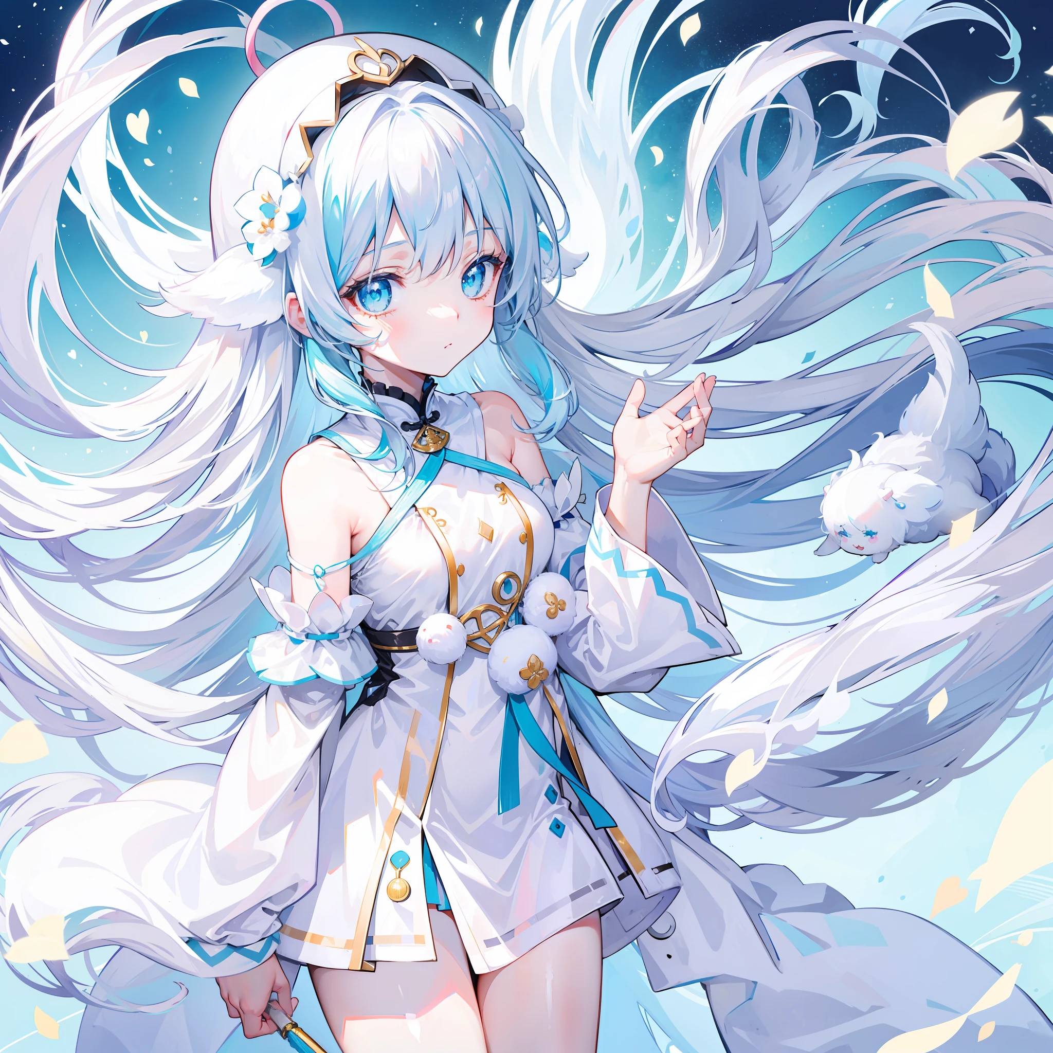 Milky long-haired milk，White clothes，Hu Hu is a very cute face，This is a cute sweet girl，Cyan eyes，White color hair，bit girl，Poor milk