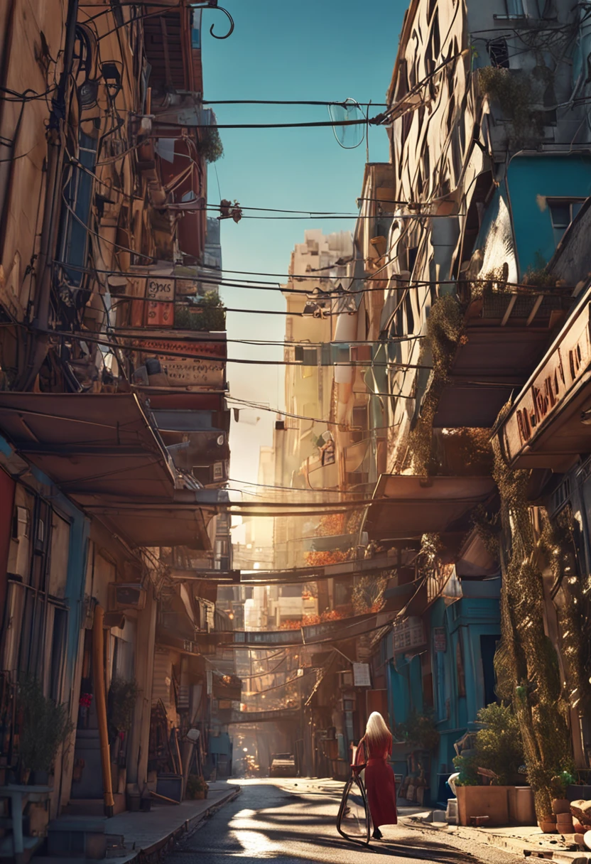 Full body like，France，long whitr hair，golden hair，lady，Silvertone，perfect figure beautiful woman, huge tit，Highly detailed facial and skin texture，A detailed eye，二重まぶた ( City street:1.1)