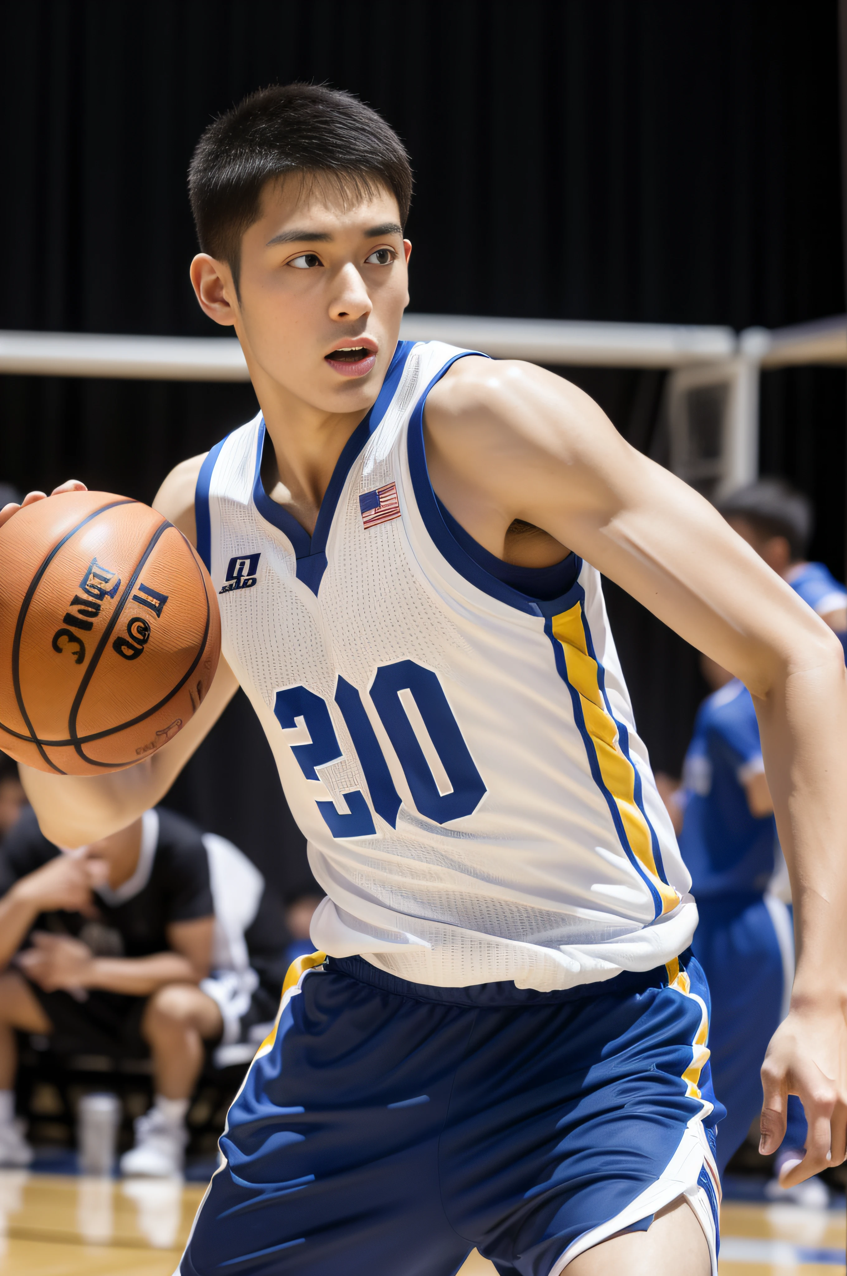 Boy playing basketball on basketball court，sweat leggs，Photos during exercise，Basketball costumes，Masculine，Exquisite facial features，virile，musculature，rich facial detail（（The crotch is raised））closeup cleavage