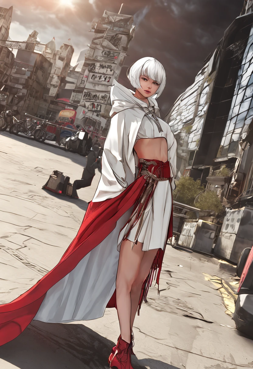 Full body like,Russia,extra very short hair,white color hair,boxer,Red cloak clothes,perfect figure beautiful woman, huge tit,Highly detailed facial and skin texture,A detailed eye,二重まぶた ( City street:1.1)