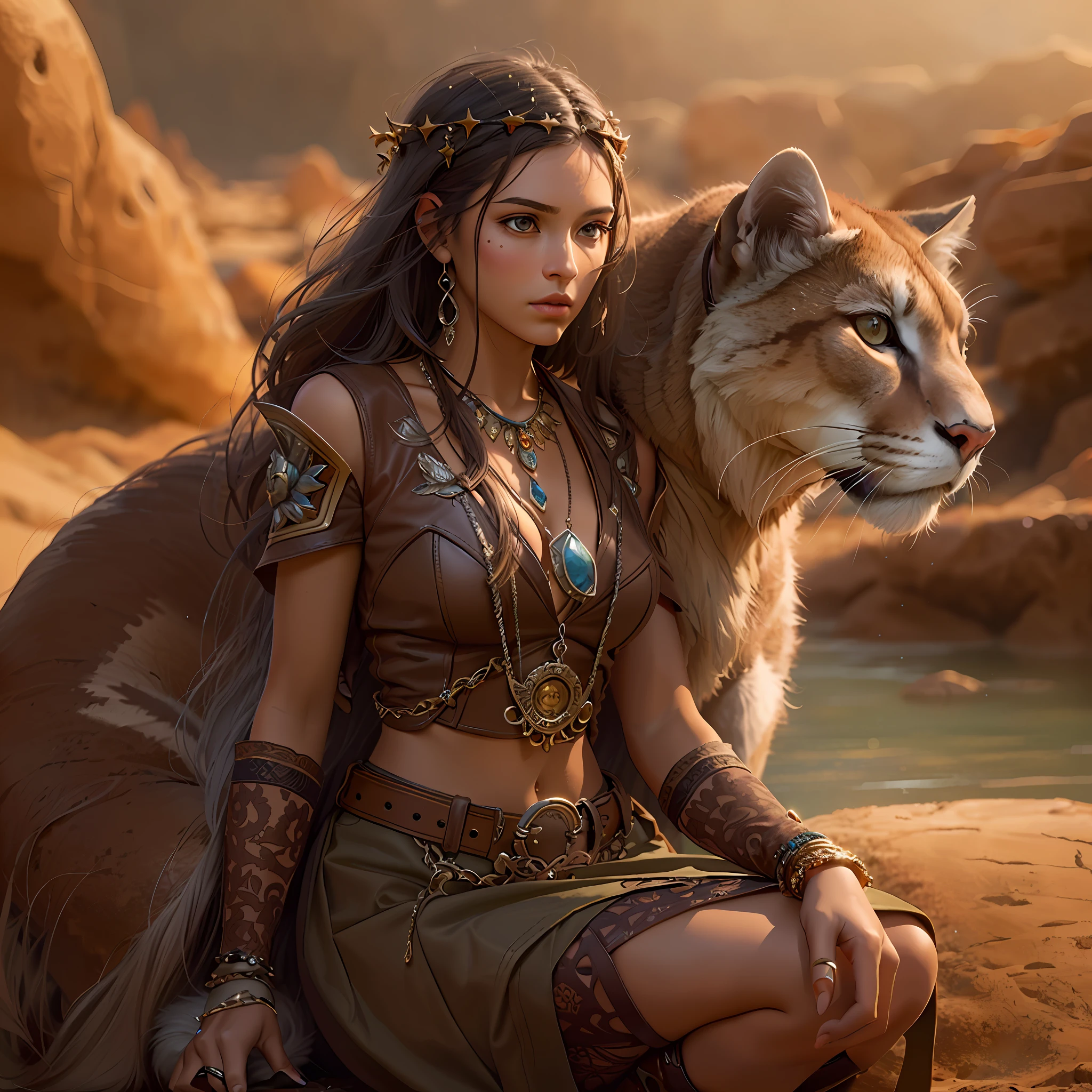 high details, best quality, 8k, [ultra detailed], masterpiece, best quality, (extremely detailed), dynamic angle, ultra wide shot, RAW, photorealistic, fantasy art, dnd art, realistic art, a wide angle picture of a female human druid, knelling (1.5 intricate details, Masterpiece, best quality) talking to a cougar (1.5 intricate details, Masterpiece, best quality) in desert background (1.5 intricate details, Masterpiece, best quality), wearing leather clothes (1.4 intricate details, Masterpiece, best quality), leather boots, thick hair, long hair, brown hair, tan skin, intense brown eyes, desert background (intense details), a stream flowing in an oasis (1.4 intricate details, Masterpiece, best quality), sun light, dynamic light. dynamic angle, (1.4 intricate details, Masterpiece, best quality) 3D rendering, high details, best quality, highres, ultra wide angle