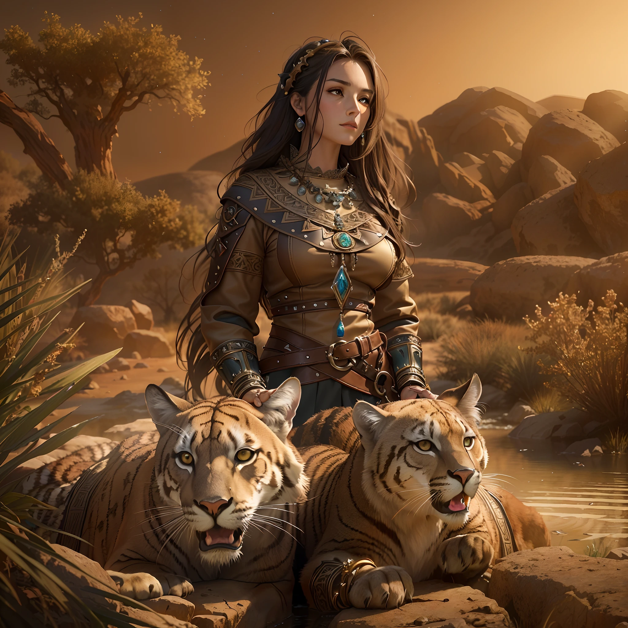 (Best quality, high resolucion, Realstic:1.37), A 16-year-old Stone Age teenager, peau mate claire, long, frizzy hair, entrain de battre avec son sagaie contre un tigre a dent de sabre, Ultra detailed, Ancien humain, , Prehistoric scene, Realistic representation of the Stone Age