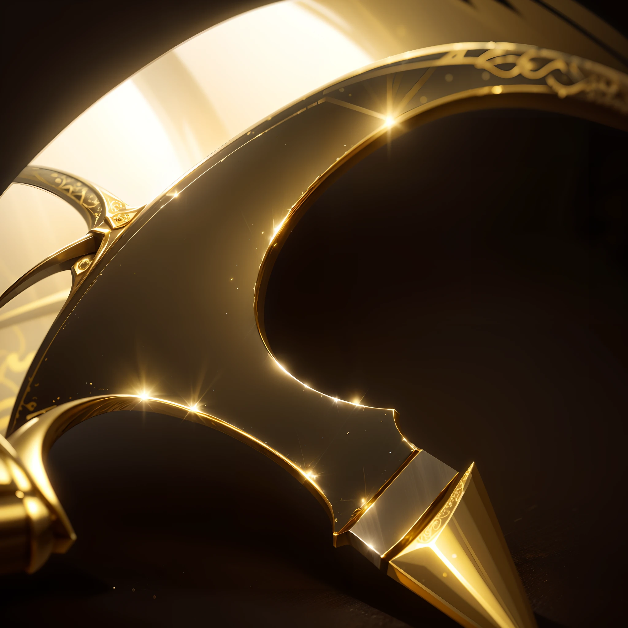 The black surface has a pointed golden scythe,Sharp golden scythe, Long, Sharp golden beak, gilded with gold, golden art nouveau scythe blade, gold sword, golden pommel, made of polished broze, brass beak, Golden sword, Gold metal, Rocky Corner, designed in blender, rendered in keyshot, sickle, The sword, high angle close up shot