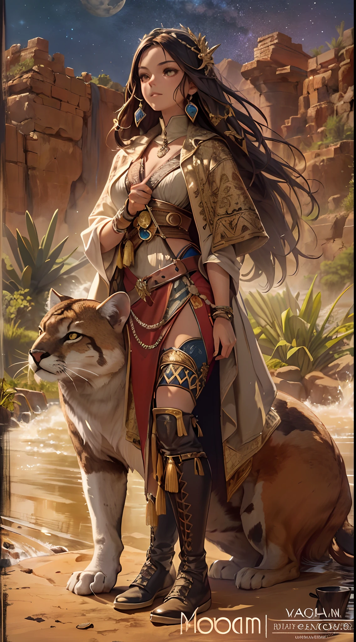 High details, Best quality, 8K, [Ultra detailed], Masterpiece, Best quality, (Extremely detailed), Dynamic Angle, super wide shot, primitive, Photorealistic, Fantasy art, dnd art, RPG art, Realistic art, Wide-angle picture of a female human druid and her pet cougar, Priest of Nature, Nature clergy, full bodyesbian, [[Anatomically correct]]. Kneeling woman (1.5 intricate details, Masterpiece, Best quality) Talk to desert mountain lions (1.6 intricate details, Masterpiece, Best quality) in a desert (1.5 intricate details, Masterpiece, Best quality), Woman in leather coat (1.4 intricate details, Masterpiece, Best quality), Leather boots, Thick hair, Long hair, Brown hair, Sepia skin Rich brown eyes, Desert background (intense detail), A stream flowing in an oasis (1.4 intricate details, Masterpiece, Best quality), Night, Moon light, stars (1.4 intricate details, Masterpiece, Best quality), Dynamic Angle, (1.4 intricate details, Masterpiece, Best quality) 3D rendering of, High details, Best quality, A high resolution, ultra-wide-angle