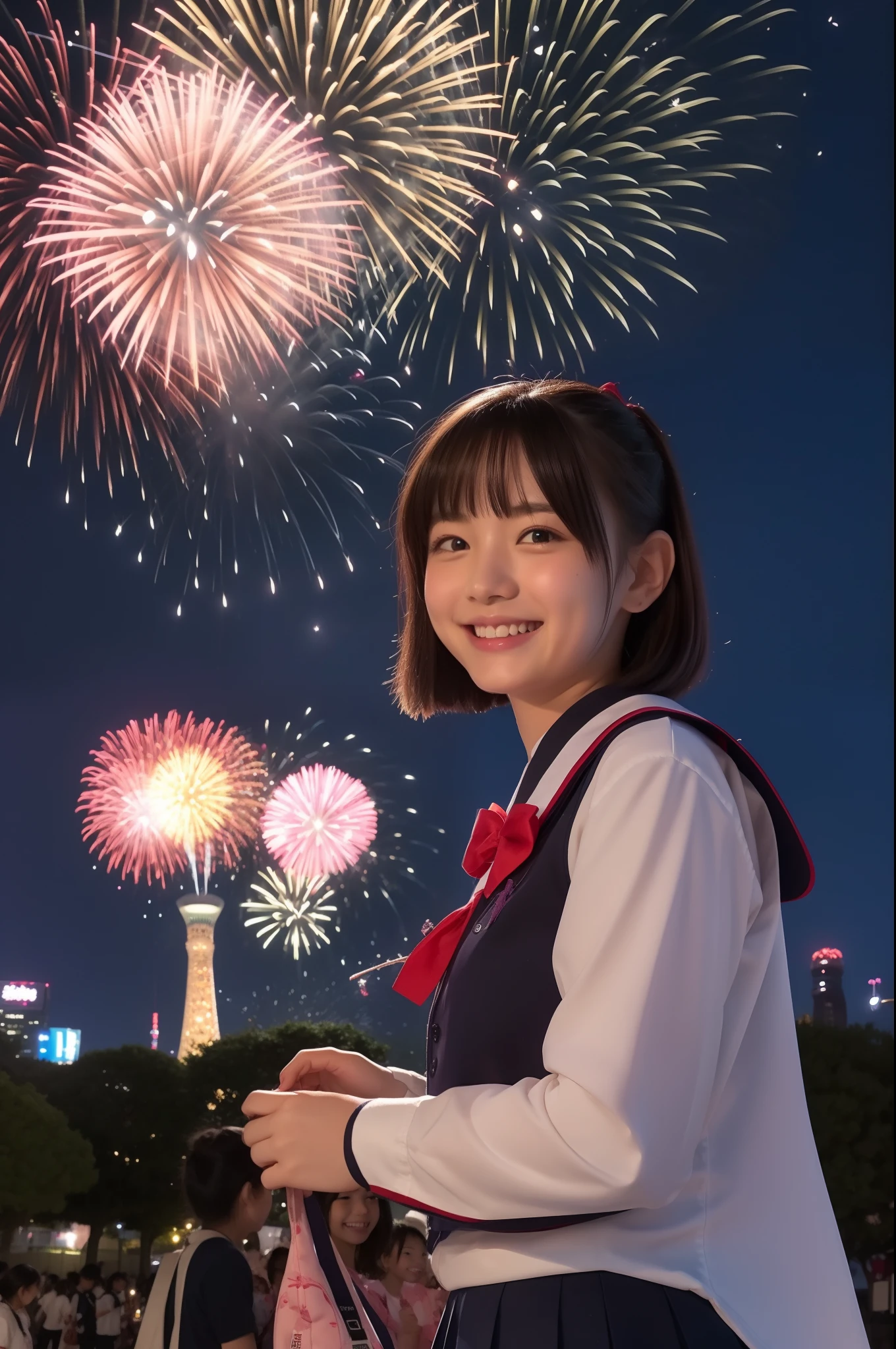 A smile、hi-school girl、校服、While doing fireworks、mare、Tokyo Skytree、cherry trees