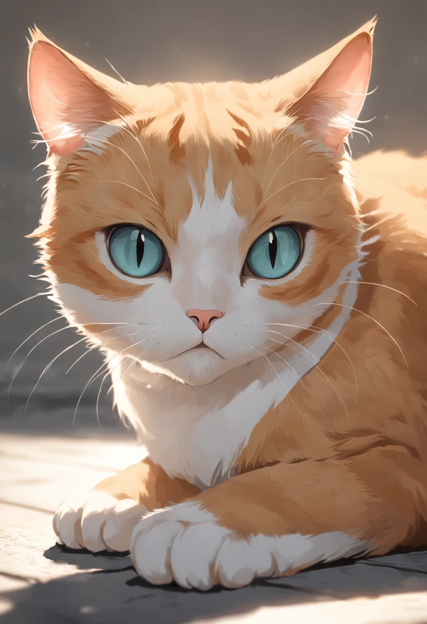A cute, chubby orange tabby cat with big, sad eyes stands on a tiled floor. The cat has fluffy fur with white and orange stripes, and small, rounded paws. It is indoors, with a blurred background showing some furniture and possibly a window. The lighting is warm, creating a cozy atmosphere, and the cat's expression is adorably sad and innocent.