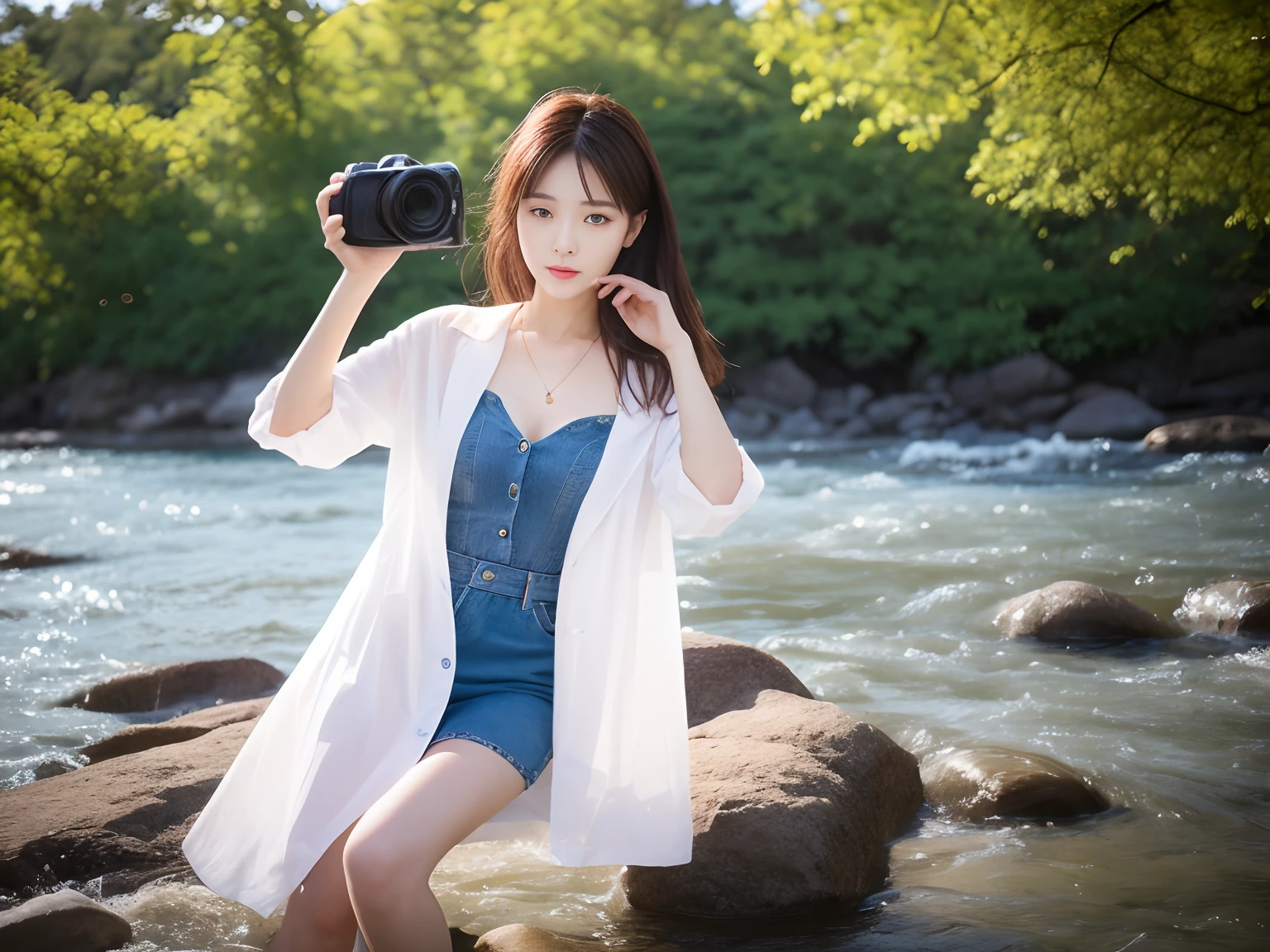 High quality,1 beautiful woman,Sit by the river and take pictures,Chest hyperexcion