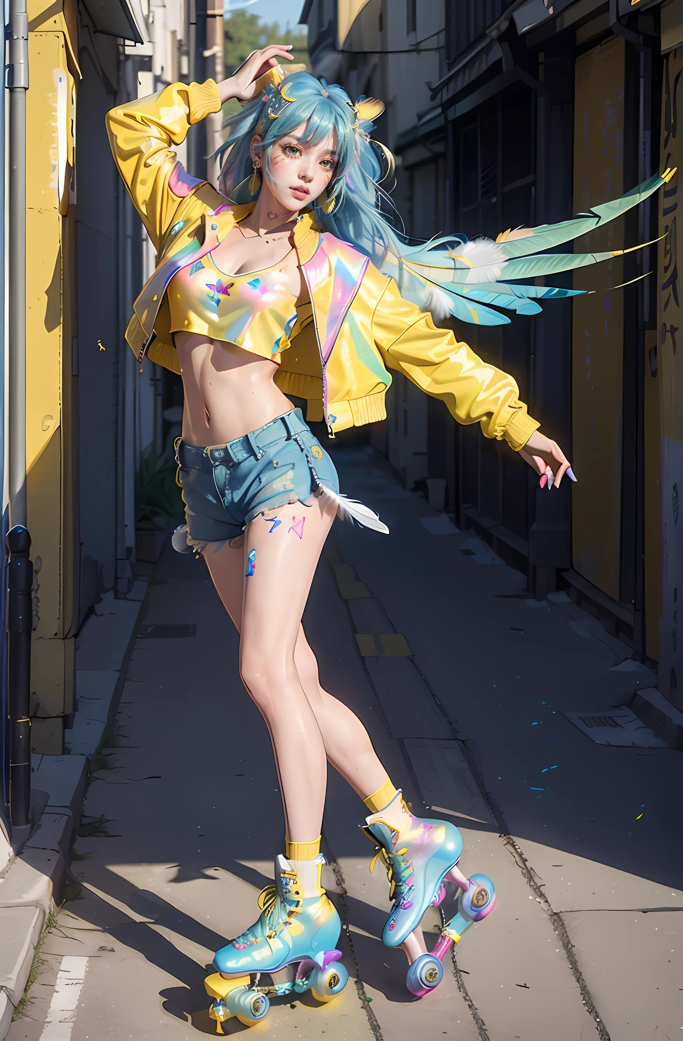 masterpiece,top-quality,超A high resolution,32K,1人の女性,(Yellow hologram cropped jacket:1.3),(Hologram Shorts:1.3),(Wearing roller skates:1.4),(feathers hair ornament:1.3),(Large breasts:1.2),(alleyway:1.2),(stretch:1.2),(Long hair),(bangss),(Idle Pose:1.2),