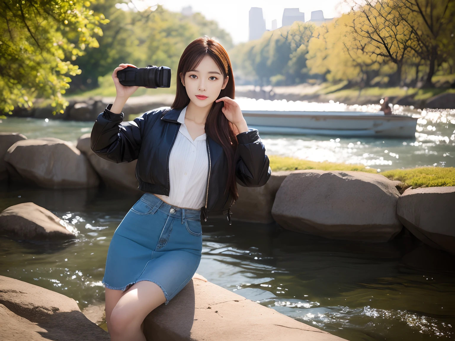 High quality,1 beautiful woman,Sit by the river and take pictures,Chest hyperexcion