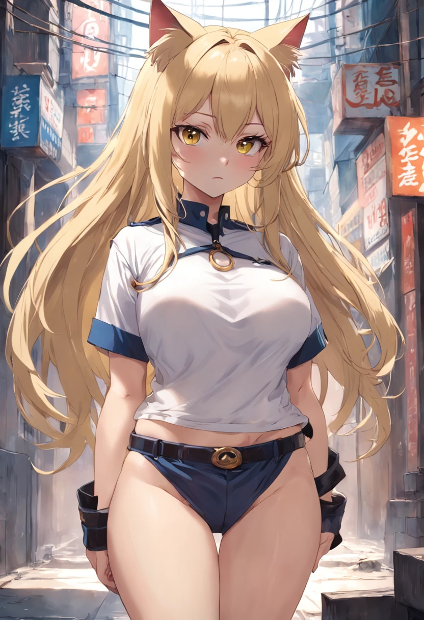 blond hairbl，Cat lady，full bodyesbian，Standing painting，Loose T-shirt，White T-shirt，handcuff，cat ear，yellow-eyed，Cat tail，Pitiful expression，Lori huge breasts cleavage，long whitr hair，dishiveredhair，Kitten lady，Small chest，did not wear panties，tee shirt，Small loli，bit girl，Damage to the corners of the clothes，Damaged clothing