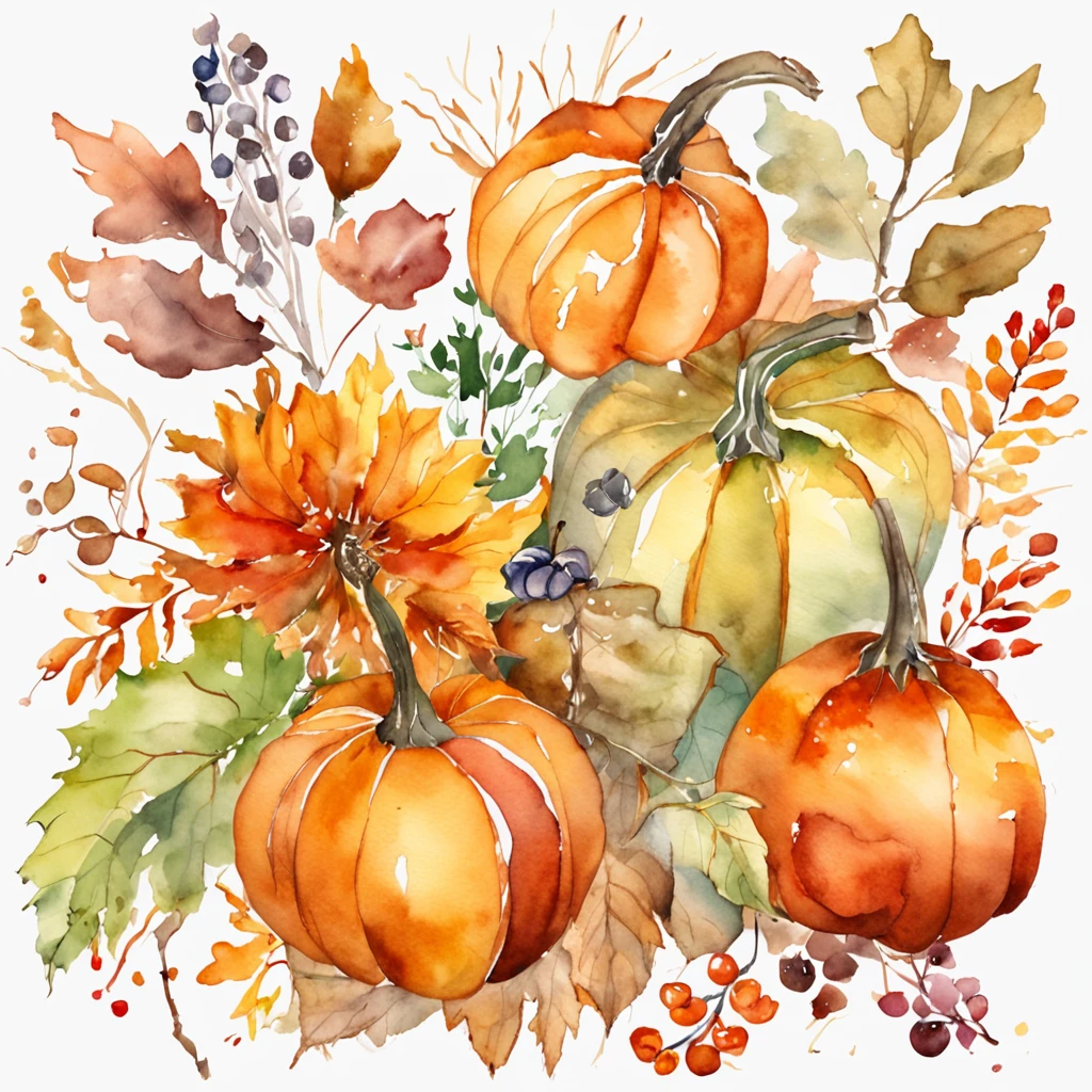 Artistic Image Types: Watercolor Painting, Orange Vine Pumpkin, Autumn Art Style, Autumn Art Inspiration