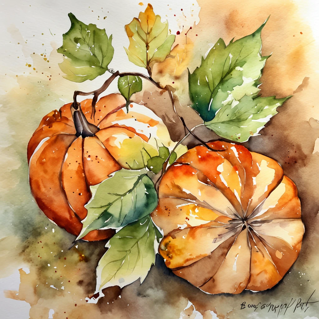 Artistic Image Types: Watercolor Painting, Orange Vine Pumpkin, Autumn Art Style, Autumn Art Inspiration