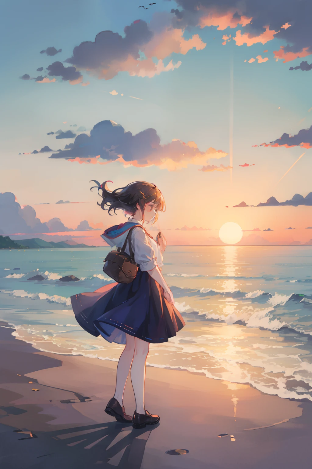 Woman in simple clothes、Gaze at the sunset over the horizon from the seaside、tears、profile、sand beach、Sunrise、full bodyesbian、The wind is blowing、Enlarge the background、I'm crying in amazement、Large beautiful tears、People are small、Cinematic style、Orange sunset