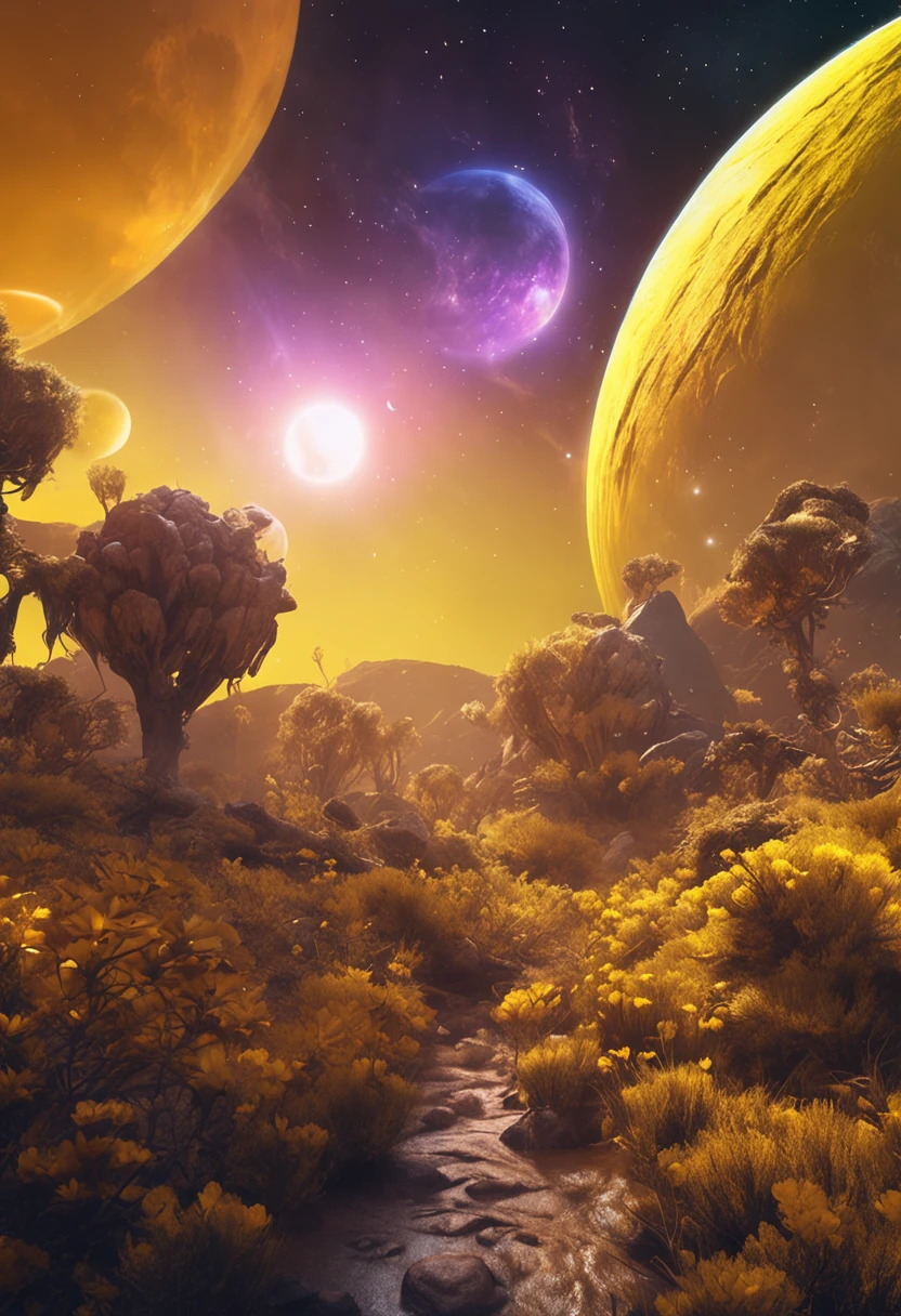 Beautiful yellow space with mysterious planets,Yellow Planet,trendding on artstation,rich colourful,A detailed,复杂,16k,romanticism lain,Beautiful fantasy landscape,Realistic and natural,Cosmos Sky,Detailed full color,naturey,high-definition photography,photorealistic hyperrealistic,Elements of NASA,magical,A detailed,Alien plants,The sheen,ultra-realistic realism