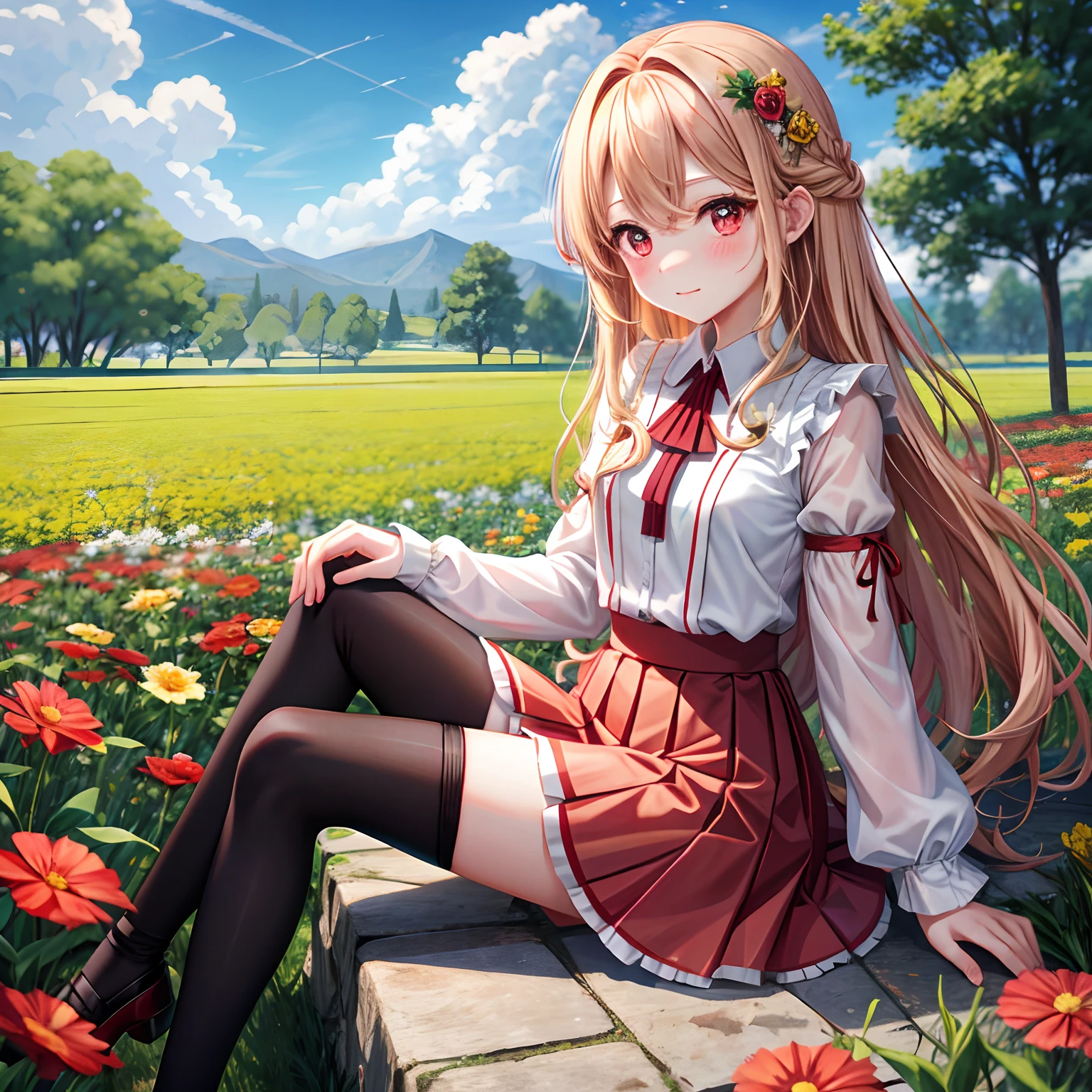 red blush、Wavy blonde hair、red eyes、Beautiful girl alone、animesque、独奏、a miniskirt、Black tights、flower  field、lonely、sitting on