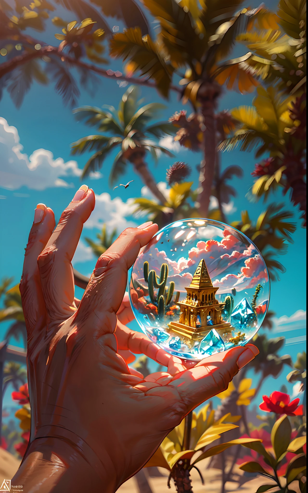 "a crystal sphere holding by a hand,(((Inside a crystal sphere))),(ultra wide angle), inside the sphere,A girl standing on a rock, gazing at the immense golden sand desert with a radiant sun overhead, lots of sand,against a backdrop of a clear sky adorned with fluffy clouds. Surrounding her, small cacti dot the landscape, and in the distance, a magnificent golden pyramid rises. This artwork is a true masterpiece, capturing every intricate detail, and it is currently trending on ArtStation due to its outstanding quality."