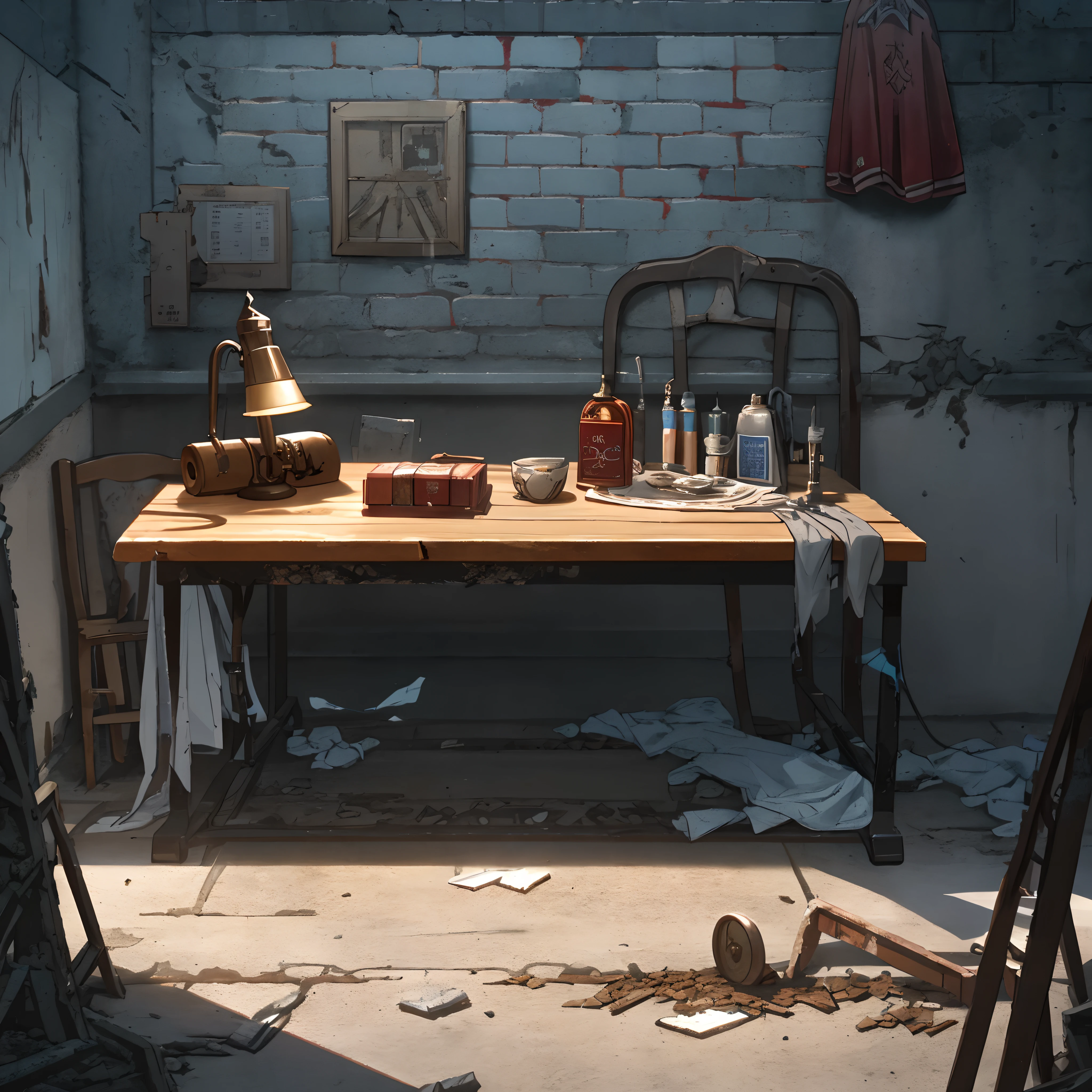 closeup of as the guards brought forth the rack, iron maiden, and various other devices designed to extract confessions from prisoners. The devices are placed on a table in front of a chair. There is a lamp on the table that casts a shadow on the device. It is in an old building with peeling paint and crumbling brick. There is light rain outside