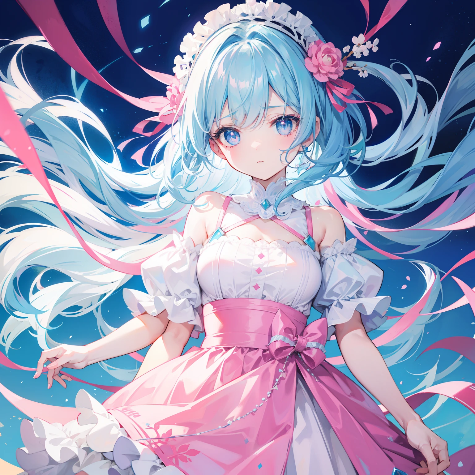 Short light blue hair,Light light blue pupils,There are some pink decorations,Soft girl in dress