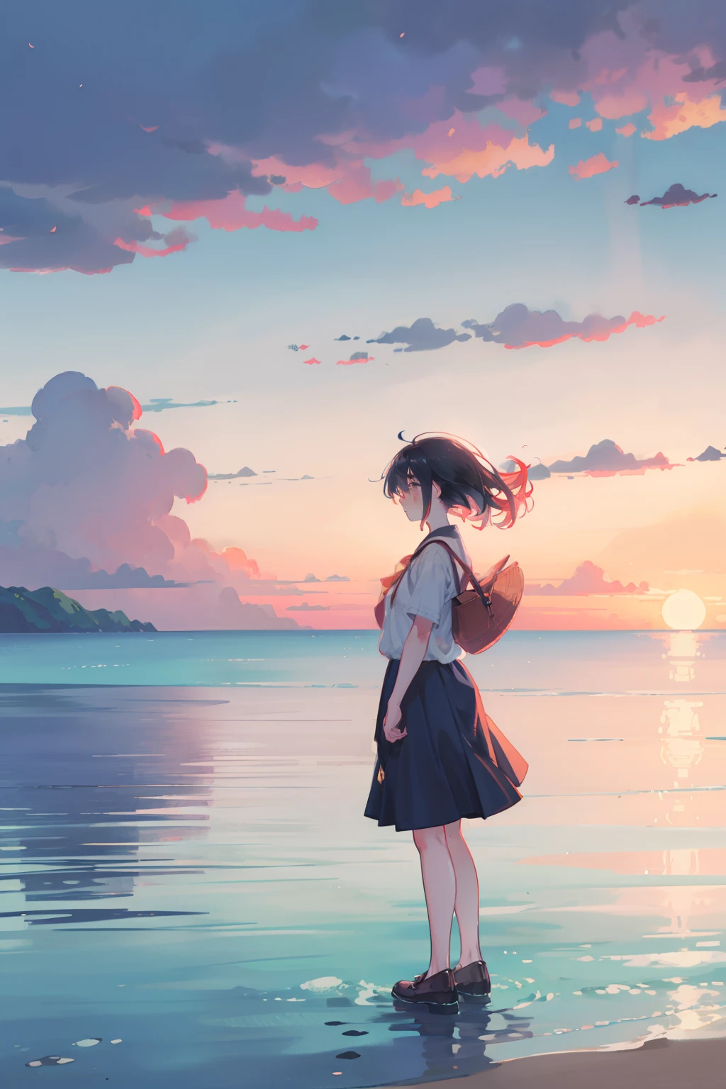 Woman in simple clothes、Gaze at the sunset over the horizon from the seaside、tears、profile、sand beach、Sunrise、full bodyesbian、The wind is blowing、Enlarge the background、I'm crying in amazement、Large beautiful tears、People are small、Cinematic style、Red sunset