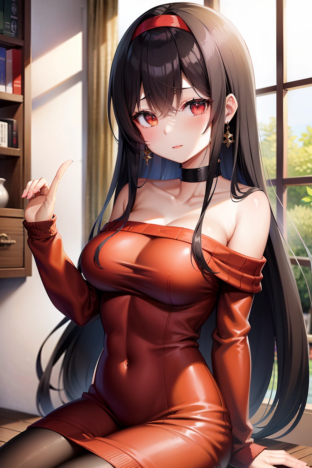 ((forcu-face)) (in a detailed silky red one-piece dress) (solo:2 Twin tails, black hair long hair dominance girl, wide open red eyes, Astonishment face, big tits), ((18 yo)), break, (holding paper bag) (standing in the hospital bedroom), BREAK, perfect ???????, masterpiece, best quality, 16k, beautiful detailed darkness, daydreaming expression