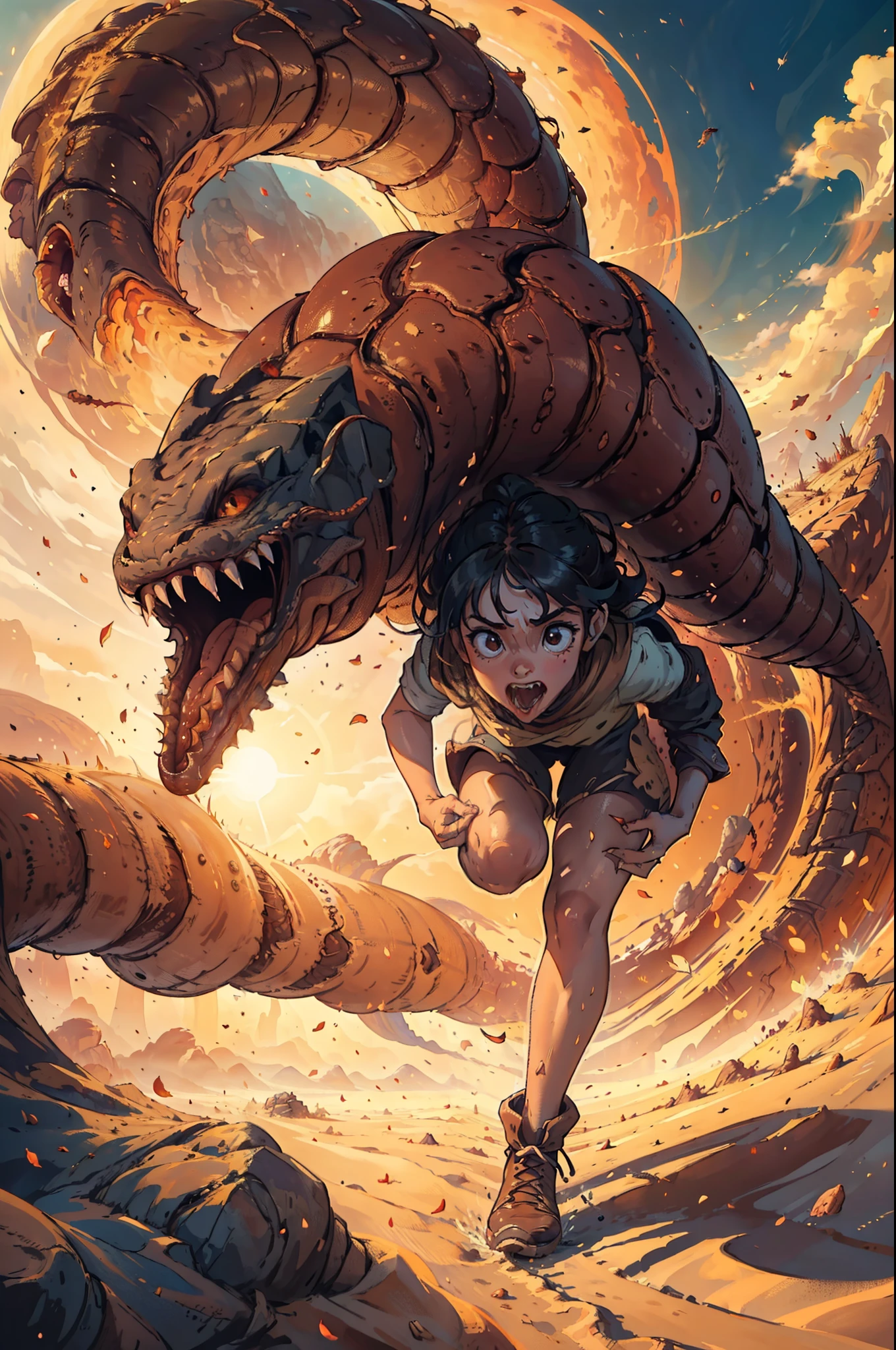 (​masterpiece:1.3),(Top image quality,top-quality),8K,Detailed details,(One girl frantically fleeing:1.5),(A giant earthworm-like sandworm attacks to eat a girl:1.1),There are countless fangs in the mouth like petals,The Bright Sun,mirage,A desert,sandstorm,Sand Planet,Rocky desert,sand dunes