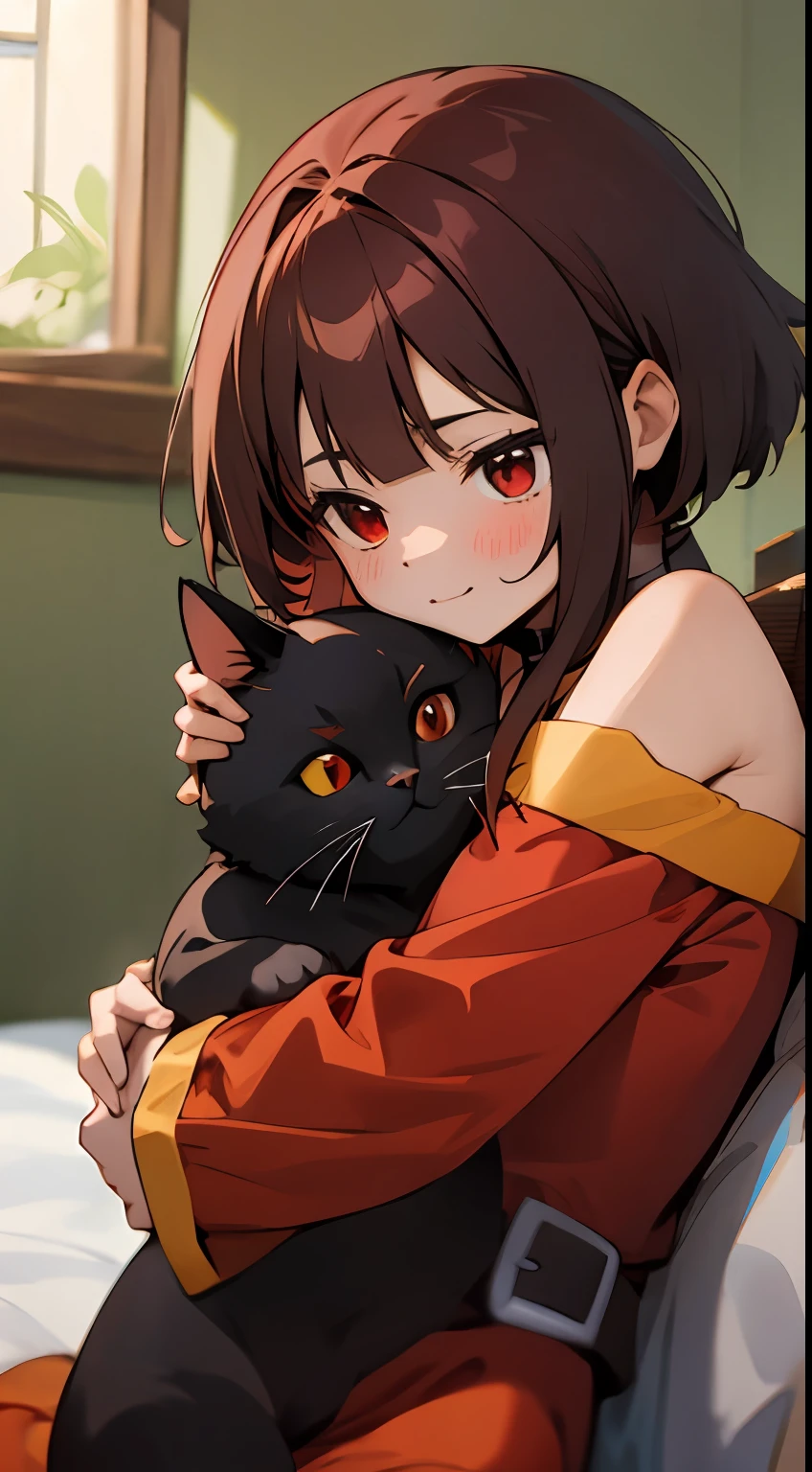 masterpiece, best quality, highres, absurdes, cudd13 , ((1girl, solo)), cat, hug, cuddling, black cat, hugging, cute, bedroom, cozy, calm, peace, cutness, ((Megumin)),megumin's style, red clothes, brown hair, red eyes, ((short hair)), brown_hair, scalpa, exposed shoulder