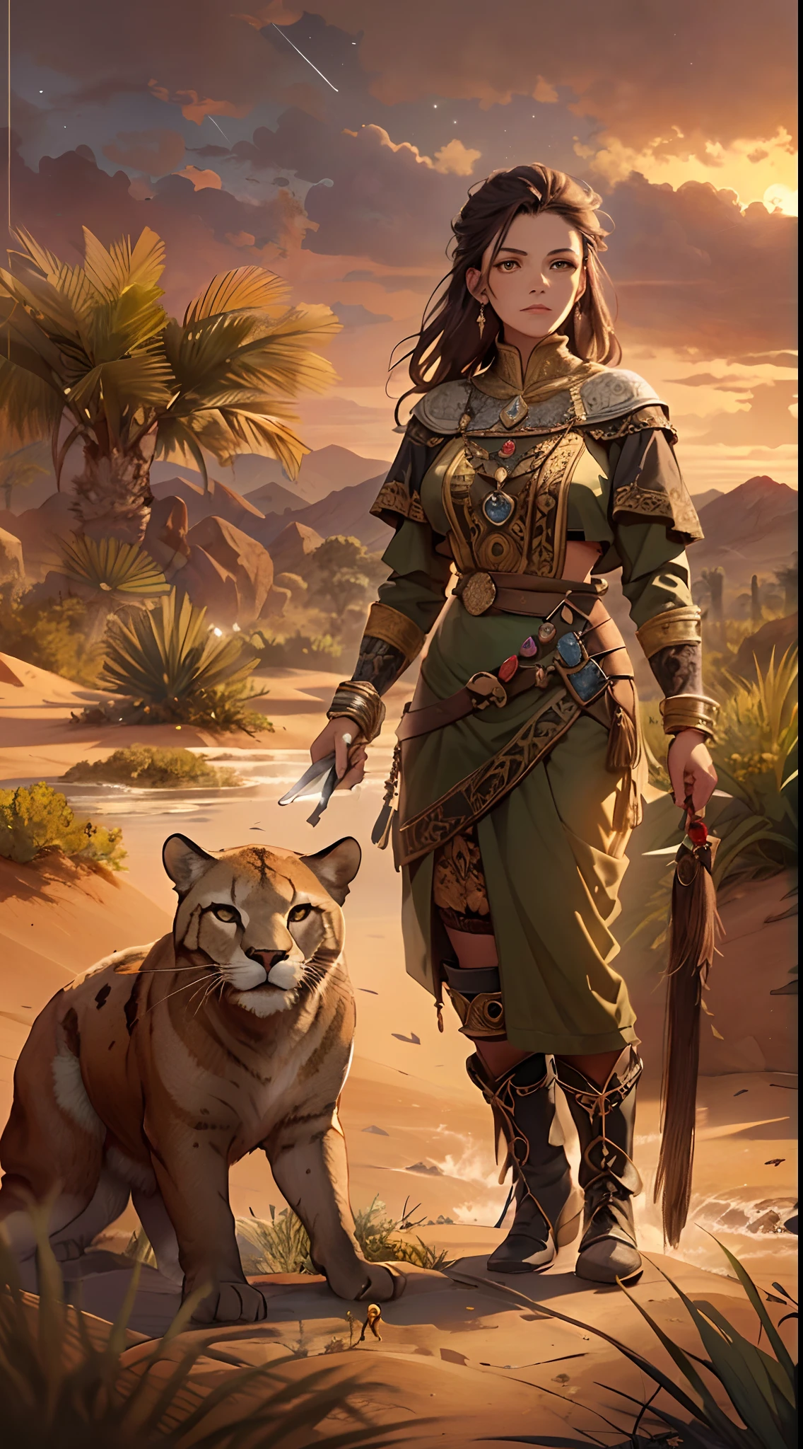 High details, Best quality, 8K, [Ultra detailed], Masterpiece, Best quality, (Extremely detailed), Dynamic Angle, super wide shot, primitive, Photorealistic, Fantasy art, dnd art, RPG art, Realistic art, Wide-angle picture of a female human druid and her pet cougar, Priest of Nature, Nature clergy, full bodyesbian, [[Anatomically correct]]. Kneeling woman (1.5 intricate details, Masterpiece, Best quality) Talk to desert mountain lions (1.6 intricate details, Masterpiece, Best quality) in a desert (1.5 intricate details, Masterpiece, Best quality), Woman in leather coat (1.4 intricate details, Masterpiece, Best quality), Leather boots, Thick hair, Long hair, Brown hair, Sepia skin Rich brown eyes, Desert background (intense detail), A stream flowing in an oasis (1.4 intricate details, Masterpiece, Best quality), Night, Moon light, stars (1.4 intricate details, Masterpiece, Best quality), Dynamic Angle, (1.4 intricate details, Masterpiece, Best quality) 3D rendering of, High details, Best quality, A high resolution, ultra-wide-angle