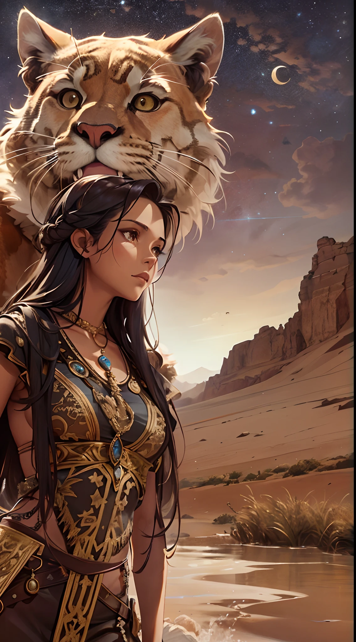 High details, Best quality, 8K, [Ultra detailed], Masterpiece, Best quality, (Extremely detailed), Dynamic Angle, super wide shot, primitive, Photorealistic, Fantasy art, dnd art, RPG art, Realistic art, Wide-angle picture of a female human druid and her pet cougar, Priest of Nature, Nature clergy, full bodyesbian, [[Anatomically correct]]. Kneeling woman (1.5 intricate details, Masterpiece, Best quality) Talk to desert mountain lions (1.6 intricate details, Masterpiece, Best quality) in a desert (1.5 intricate details, Masterpiece, Best quality), Woman in leather coat (1.4 intricate details, Masterpiece, Best quality), Leather boots, Thick hair, Long hair, Brown hair, Sepia skin Rich brown eyes, Desert background (intense detail), A stream flowing in an oasis (1.4 intricate details, Masterpiece, Best quality), Night, Moon light, stars (1.4 intricate details, Masterpiece, Best quality), Dynamic Angle, (1.4 intricate details, Masterpiece, Best quality) 3D rendering of, High details, Best quality, A high resolution, ultra-wide-angle