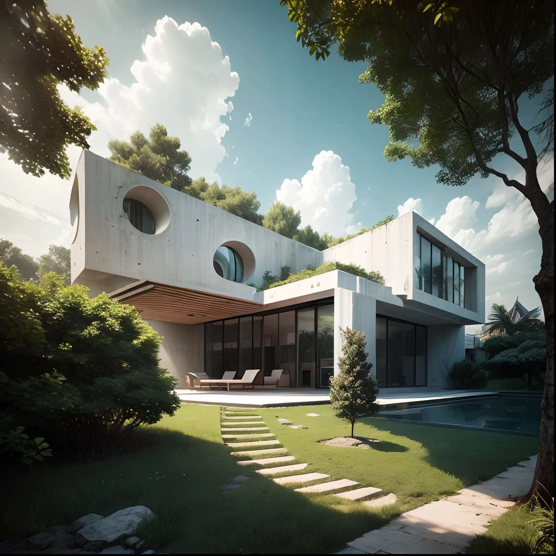 there is a pool in the backyard with a tree in the middle, concrete architecture, very vanish, and new, recently built, white walls, architectural shot, archdaily, brutal concrete architecture, inter dimensional villa, contemporary architecture, concrete housing, arborescent architecture, concrete, brutalist shiro, arhitectural shot, well-designed masterpiece, by Matteo Pérez, pablo olivera, open wall architecture