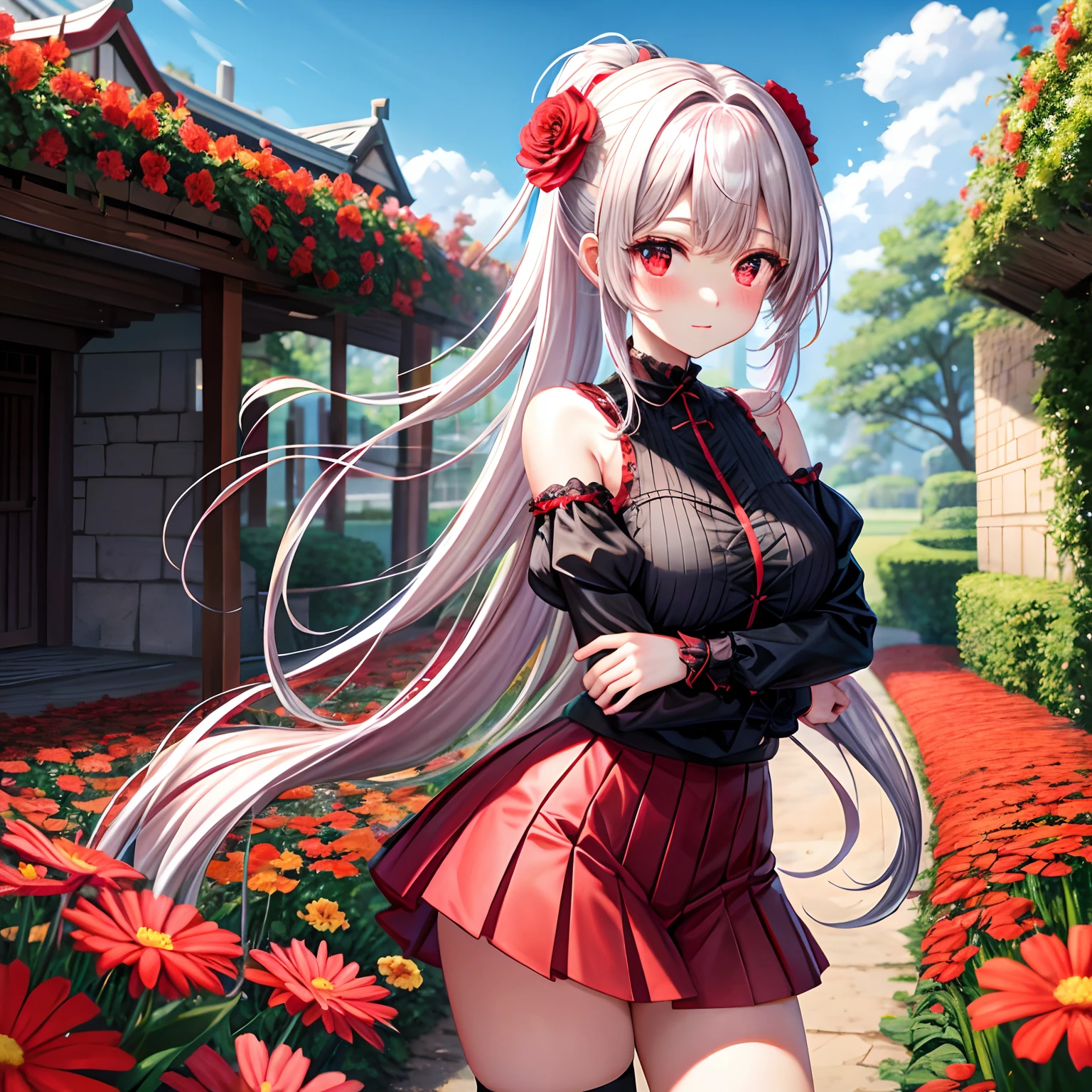 red blush、silber hair、poneyTail、red eyes、Beautiful girl alone、animesque、独奏、a miniskirt、A sexy、flower field、