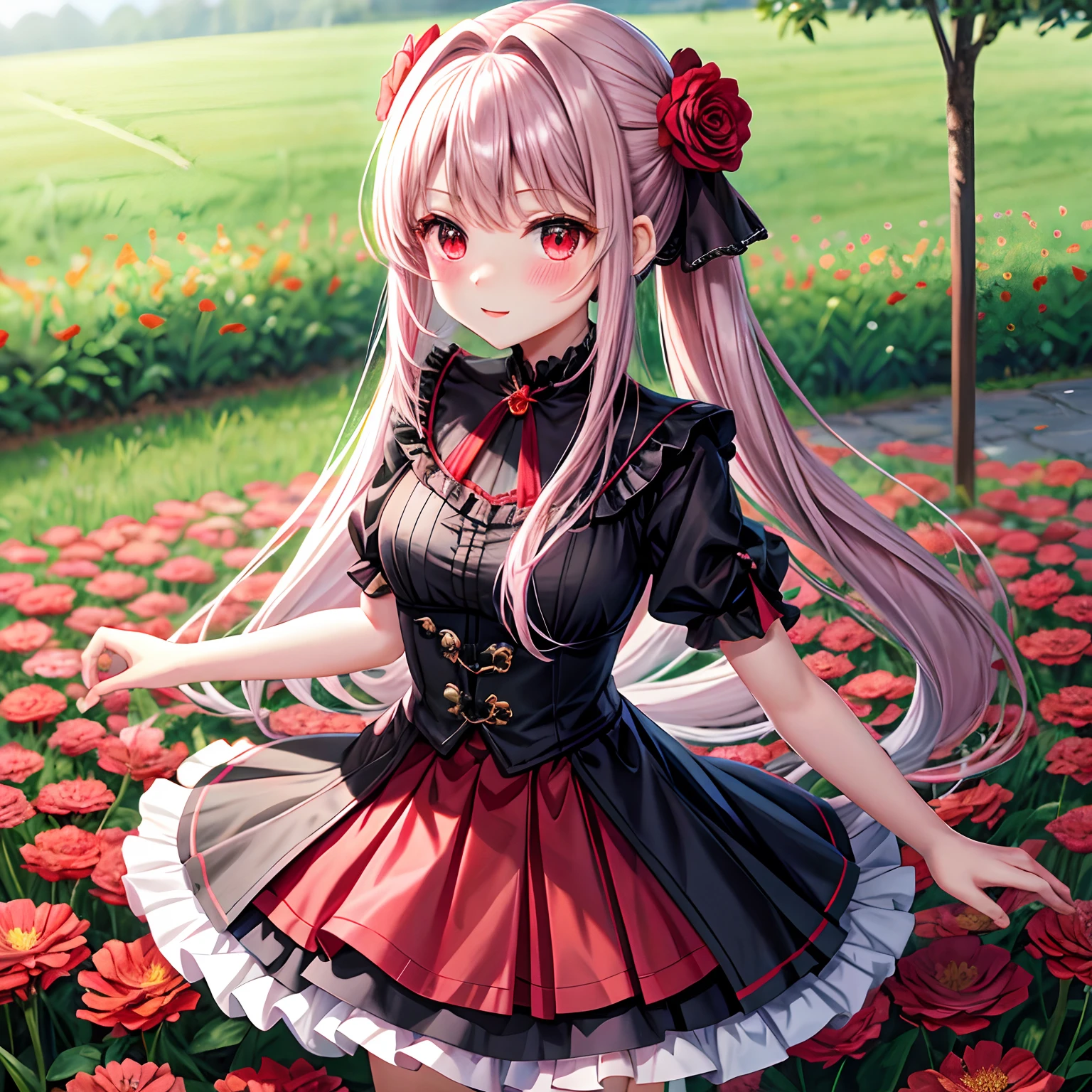 red blush、silber hair、poneyTail、red eyes、Beautiful girl alone、animesque、独奏、a miniskirt、A sexy、flower  field、