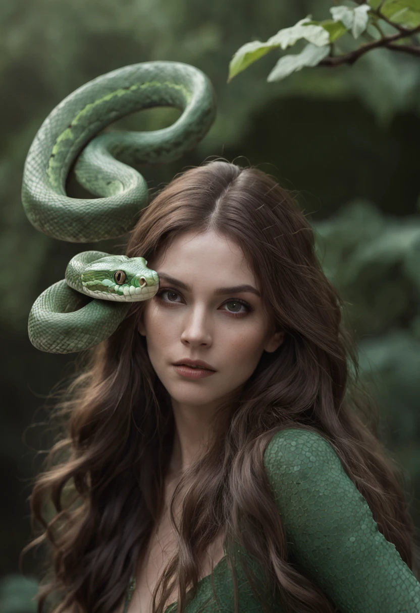 1 woman, Long hair, (20yr old), Beautiful detailed eyes, Snake hair, Gliding snake, green snake, Hiss, toxic, detailed scale, Horror, A look of surprise, Dark background, Moonlight, spooky ambiance, (Cinematic composition:1.2), fantasy, Surreal, Chilling, fear, Hairy snakes are woven together, Medusa, gorgon, dangers.