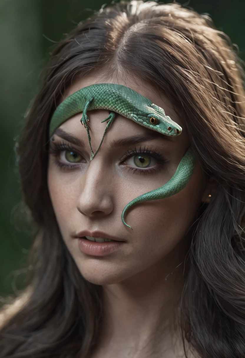 1 woman, Long hair, (20yr old), Beautiful detailed eyes, Snake hair, Gliding snake, green snake, Hiss, toxic, detailed scale, Horror, A look of surprise, Dark background, Moonlight, spooky ambiance, (Cinematic composition:1.2), fantasy, Surreal, Chilling, fear, Hairy snakes are woven together, Medusa, gorgon, dangers.