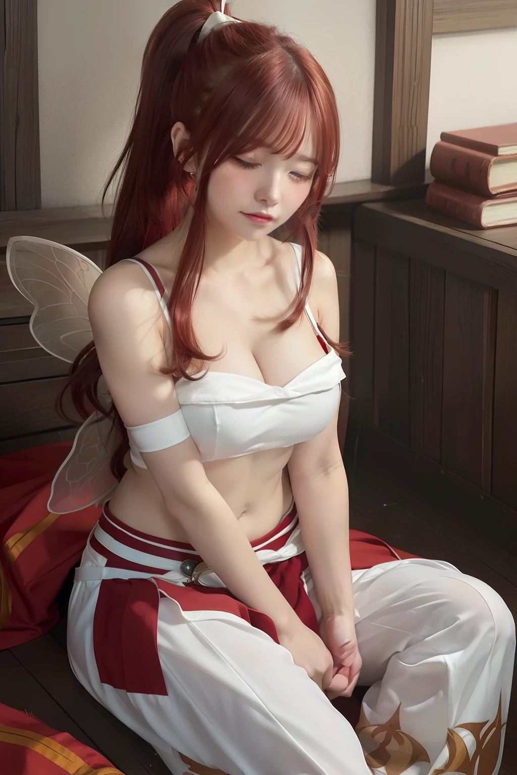 A beautiful and cute little red-haired fairy, holding a big envelope, in a beautiful night, and envelopes on the floor