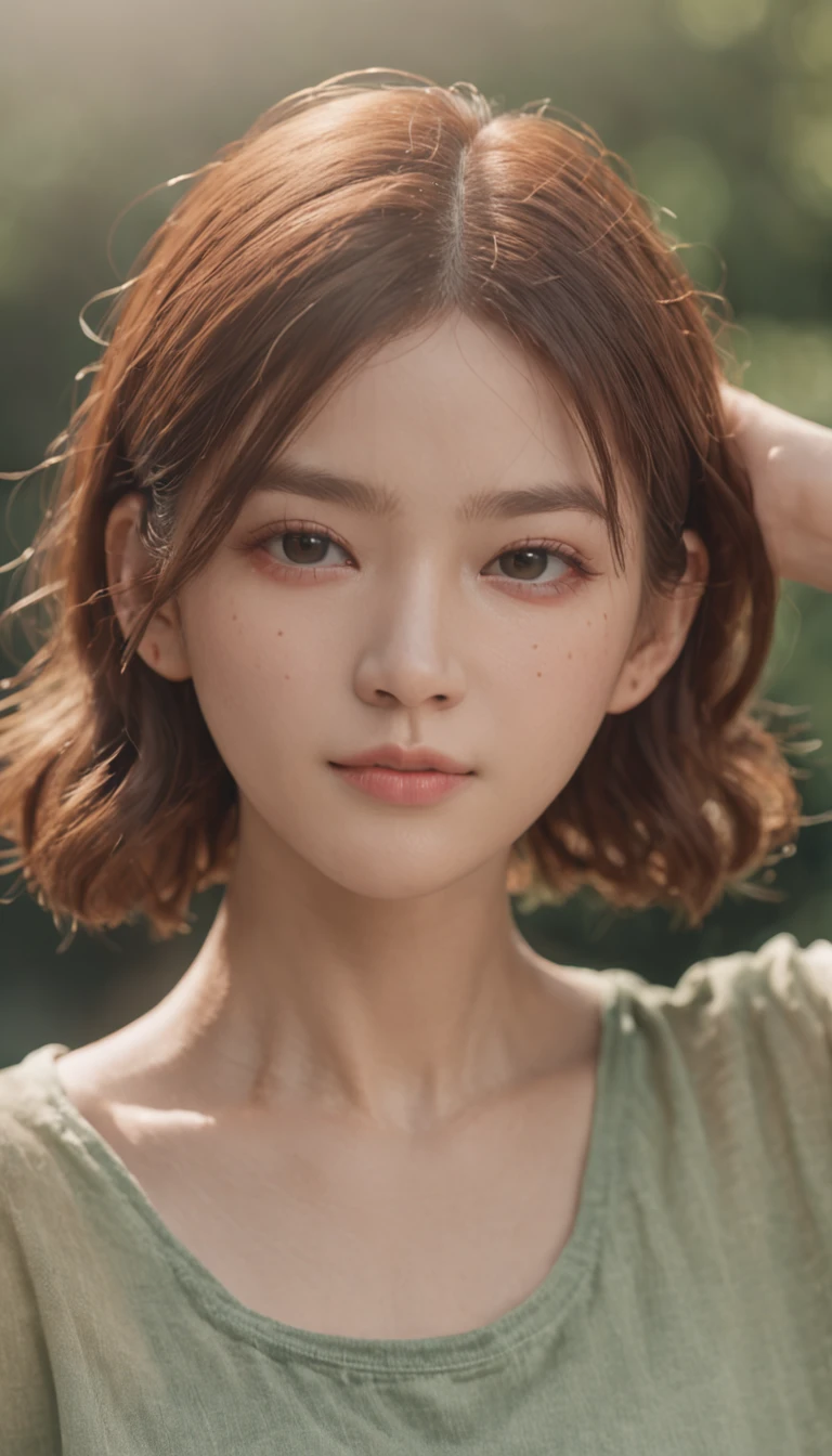 tmasterpiece、film portrait photography、octan render、8K、1girl in、、calm、(Pay attention to realistic details、Natural Skin Textures、Realistic face details)、Soft dramatic lighting、depth of fields、bokeh dof、vibrant detail、finedetail、Surreal、Hazy and blurry、filmg、femele、Brown hair、Brown eyes、Short Bob Hair、Wear square-rimmed glasses、Seductive smile, Green jersey、pleatedskirt、yellow and green color scheme、dynamic compositions、fightingpose, underbust