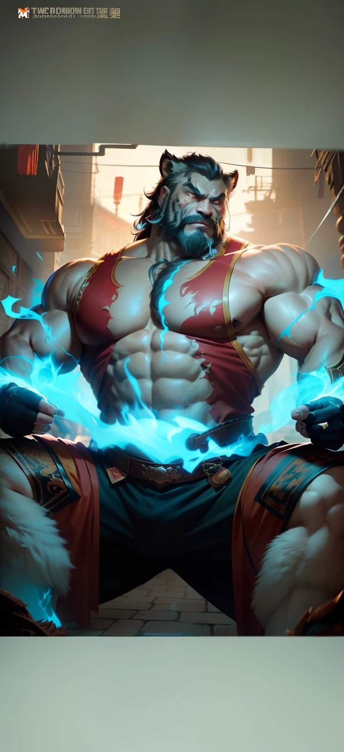 Strong male tiger man,Full of gore and masculinity,Calm and mature。Strong masculine,Spirited。He was a stout man,It is affectionately called"amber"。He has dark cyan pupils。Full Body Furry,It has a tiger-like head,Practice martial arts all year round,The clothing is full of Chinese atmosphere。Tiger Orcs