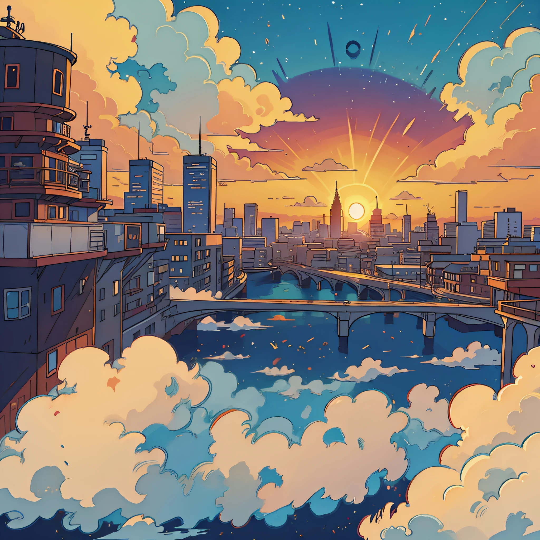 Anime Clouds, sunset sky, with city below