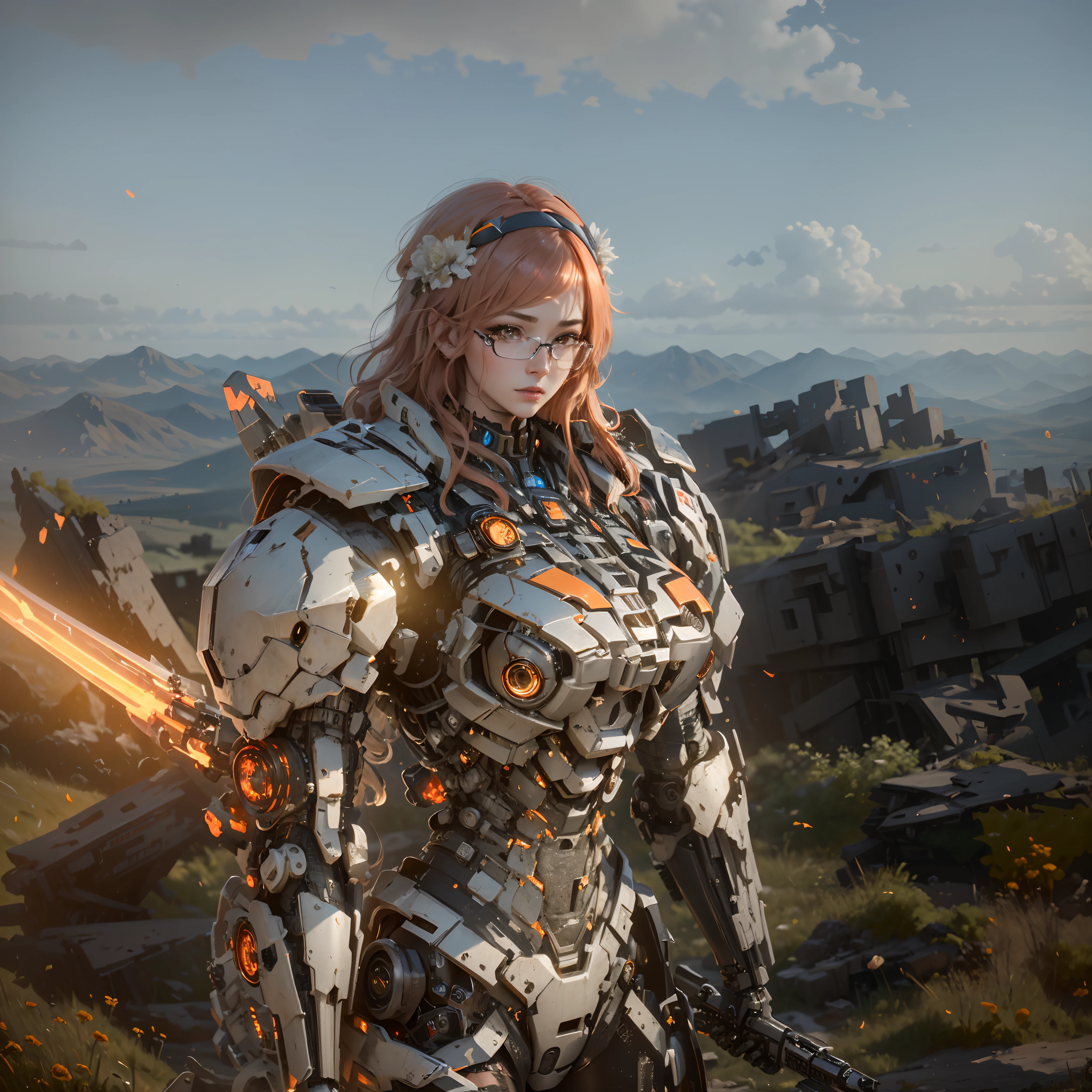 ((Best Quality)), ((Masterpiece)), (Very Detailed:1.3), 3D, Shitu-mecha, Beautiful cyberpunk woman with her pink mech in the ruins of a city in the forgotten war, Ancient technology, HDR (High Dynamic Range), ray tracing, NVIDIA RTX, super resolution, unreal 5, subsurface scattering, PBR texture, post-processing, anisotropic filtering, depth of field, maximum sharpness and sharpness, multi-layer texture, albedo and highlight maps, surface shading, Accurate simulation of light-material interactions, perfect proportions, octane rendering, duotone lighting, low ISO, white balance, rule of thirds, wide aperture, 8K RAW, efficient sub-pixels, subpixel convolution, luminescent particles, light scattering, Tyndall effect, wearing black glasses, right hand holding energy sword,long orange hair with red rose head band,