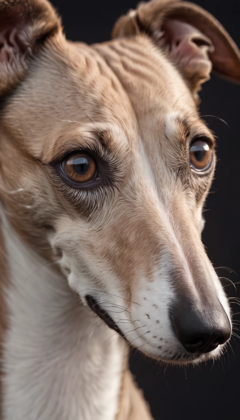"Full shot of an adorable greyhound with a light skin tone against a dark space background."