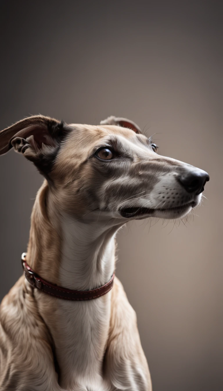 "Full shot of an adorable greyhound with a light skin tone against a dark space background."