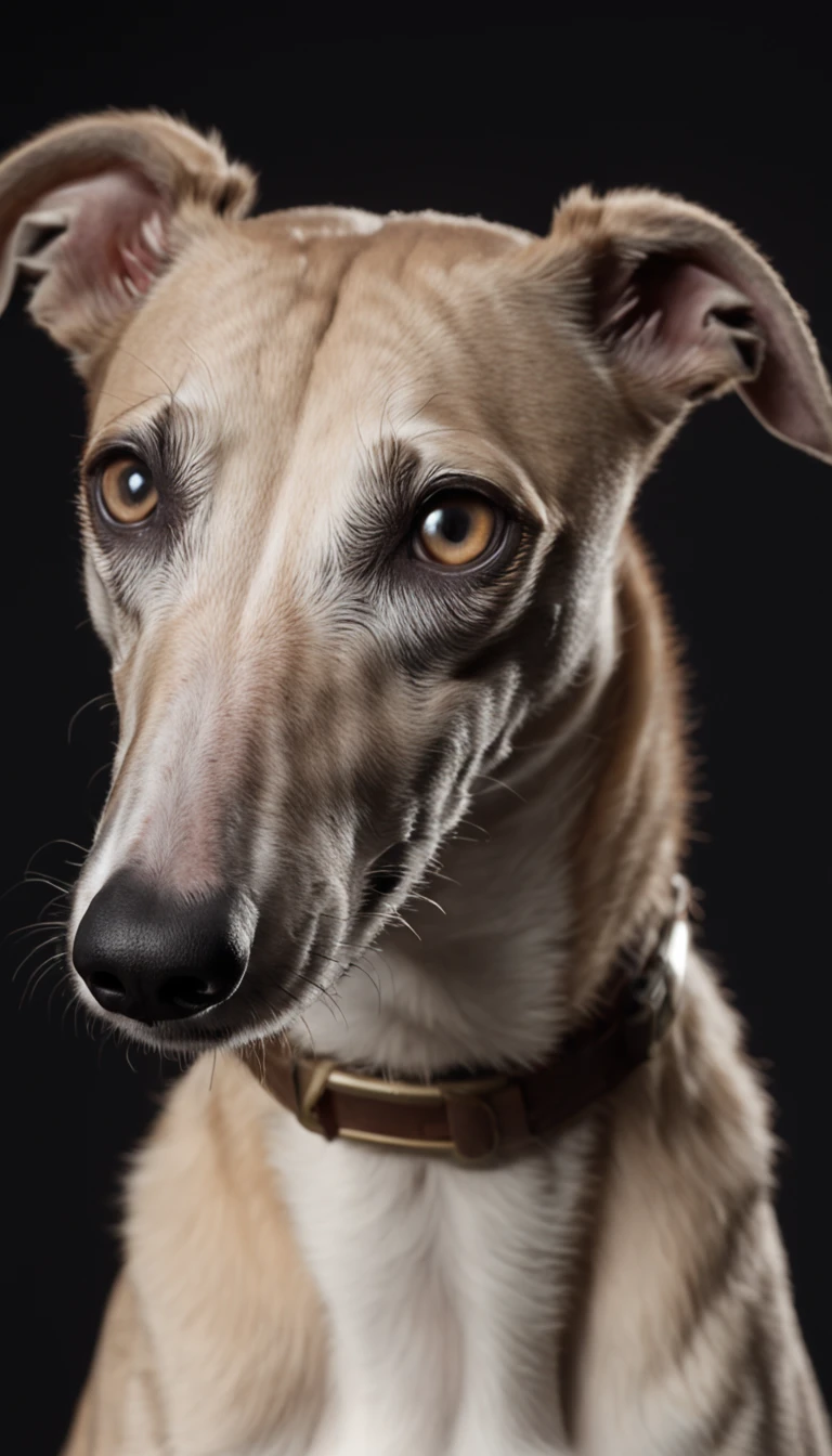 "Full shot of an adorable greyhound with a light skin tone against a dark space background."