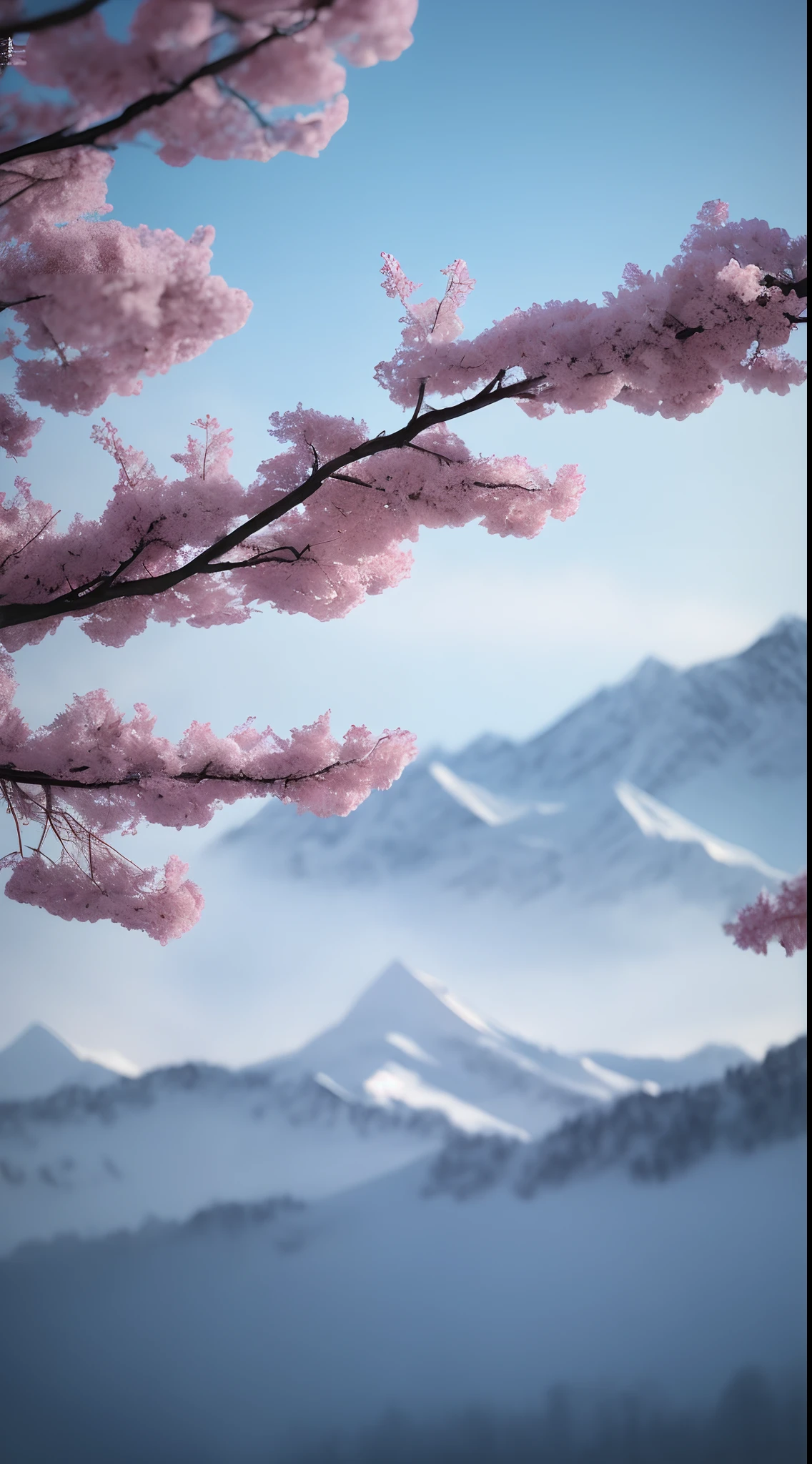tmasterpiece，Best quality at best，high qulity，非常详细的 CG 统一 8k 壁纸，stillness，Cold climate，Peaceful beauty，snow mountains，Yuki，lakes，Winters，tree branch，Bokeh，Depth field, hdr, full bloom, color difference, Photorealistic, Extremely detailed, Popular on artstation, Popular on CGsociety, complex, High detail, Dramatic, halfway art