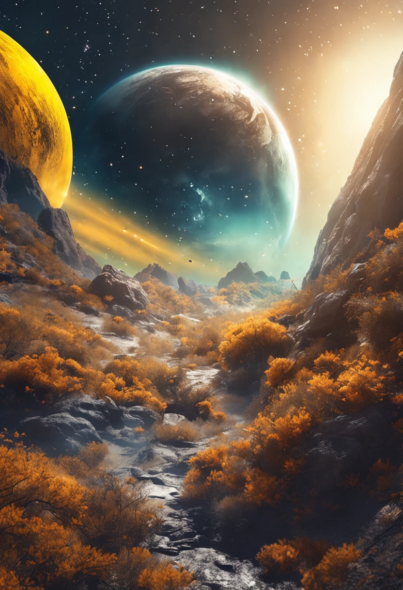 Beautiful space with mysterious yellow planets,trendding on artstation,rich colourful,A detailed,复杂,16k,romanticism lain,Beautiful fantasy landscape,Realistic and natural,Cosmos Sky,Detailed full color,naturey,high-definition photography,photorealistic hyperrealistic,Elements of NASA,magical,A detailed,The sheen,ultra-realistic realism