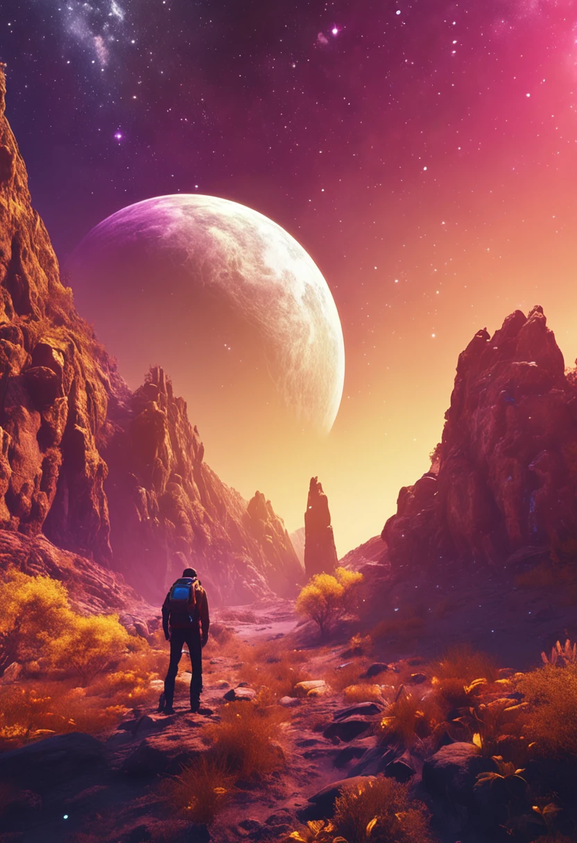 Beautiful space with mysterious yellow planets,trendding on artstation,rich colourful,A detailed,复杂,16k,romanticism lain,Beautiful fantasy landscape,Realistic and natural,Cosmos Sky,Detailed full color,naturey,high-definition photography,photorealistic hyperrealistic,Elements of NASA,magical,A detailed,The sheen,ultra-realistic realism