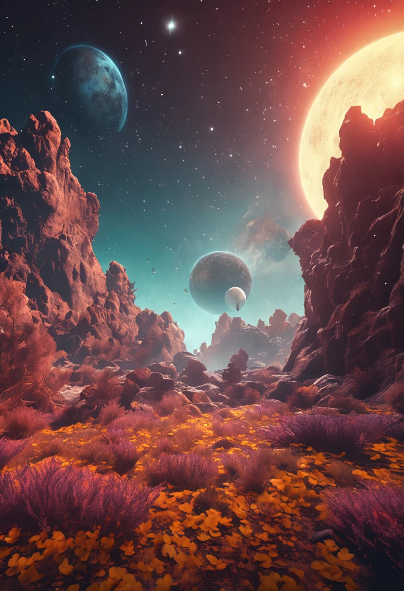 Beautiful space with mysterious yellow planets,trendding on artstation,rich colourful,A detailed,复杂,16k,romanticism lain,Beautiful fantasy landscape,Realistic and natural,Cosmos Sky,Detailed full color,naturey,high-definition photography,photorealistic hyperrealistic,Elements of NASA,magical,A detailed,The sheen,ultra-realistic realism