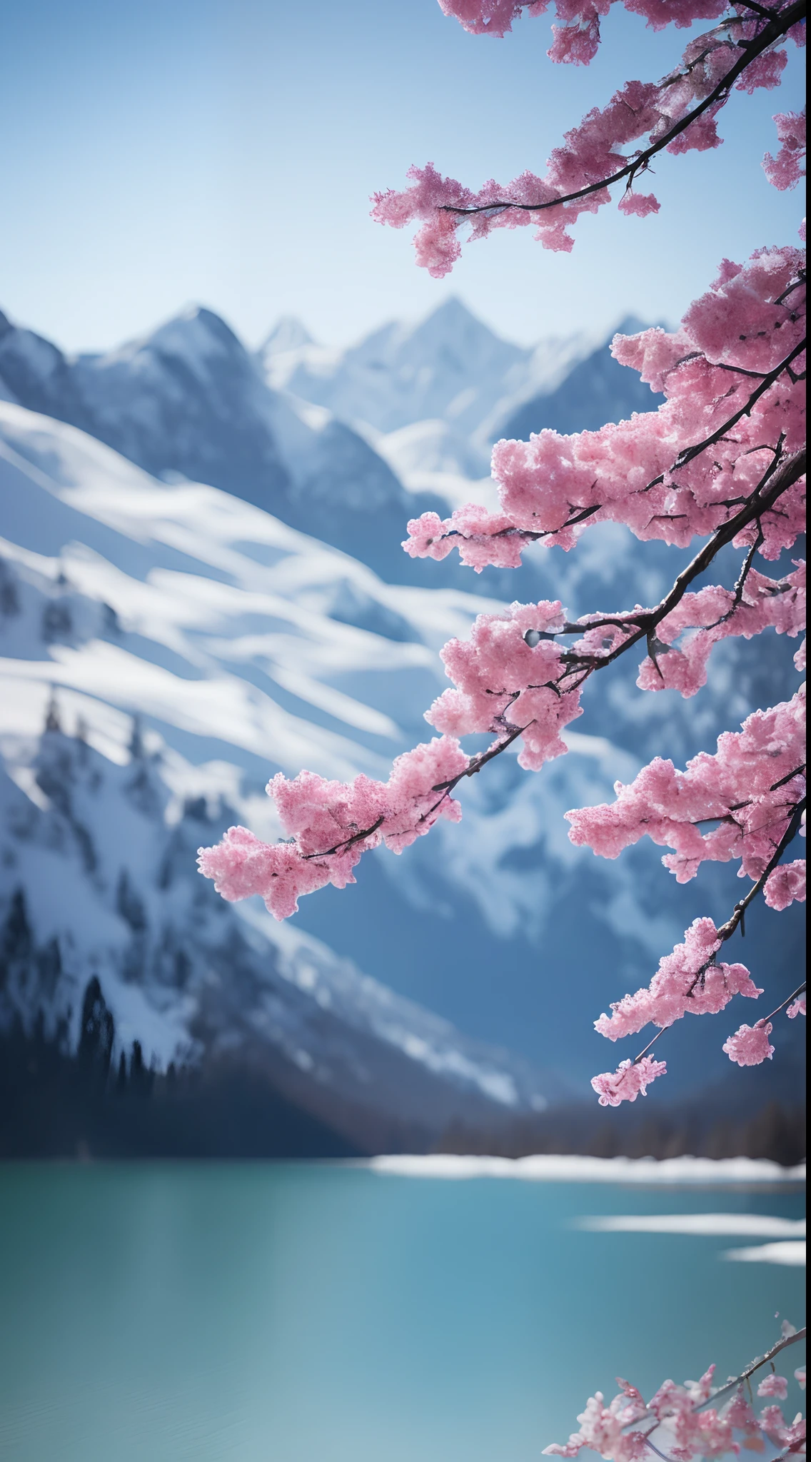 tmasterpiece，Best quality at best，high qulity，非常详细的 CG 统一 8k 壁纸，stillness，Cold climate，Peaceful beauty，snow mountains，Yuki，lakes，Winters，tree branch，Bokeh，Depth field, hdr, full bloom, color difference, Photorealistic, Extremely detailed, Popular on artstation, Popular on CGsociety, complex, High detail, Dramatic, halfway art